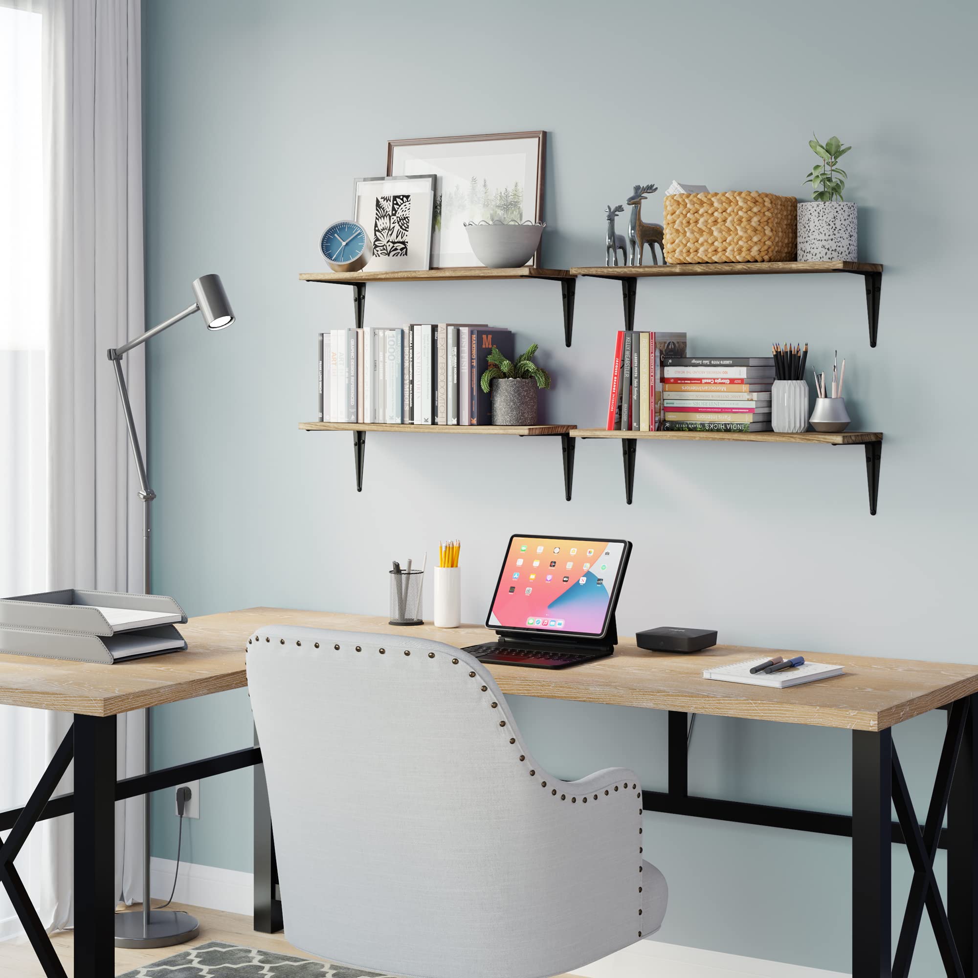 Wallniture Arras 24x8 Inch Floating Shelves Set of 4 - Rustic Burnt Finish Wall Mounted Shelves for Home Decor, Bookshelf for Living Room, Kitchen Storage & Bedroom Organization - Perfect for Displaying Books, Plants & Decorative Items