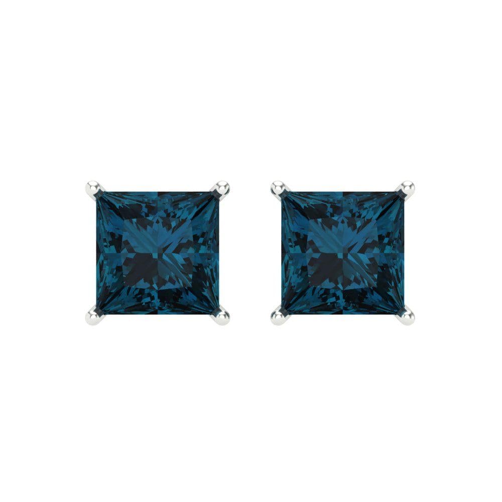 3.0 Carat Princess Cut Natural London Blue Topaz Stud Earrings in 14K White Gold - VVS1 Clarity, Screw Back Design - Perfect for Weddings, Anniversaries & Special Occasions