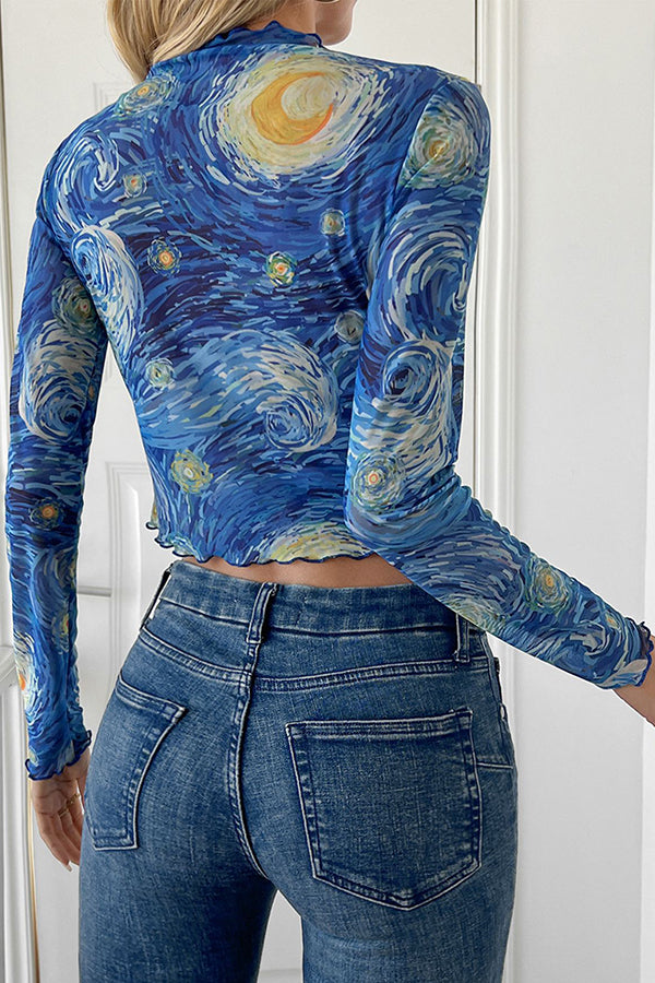 Starry Sky Print Stand Collar Mesh Long Sleeve Slim Fit Women's Blouse - Perfect for Evening Parties, Date Nights & Casual Outings