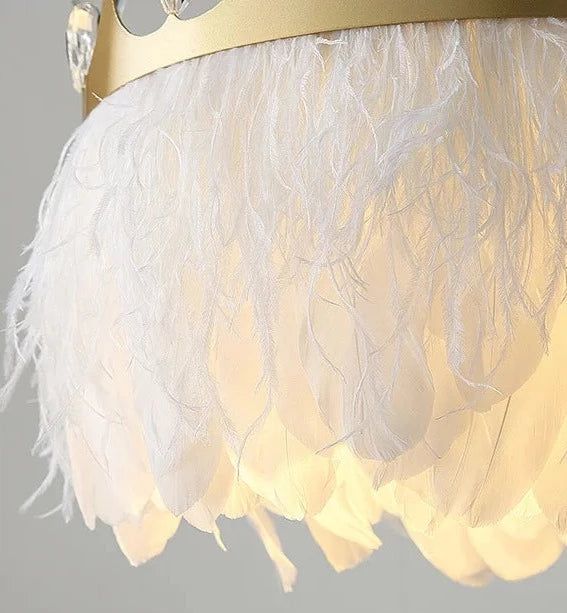 Crystal Pendant Light with White Feather Crown - Elegant Chandelier for Dining Room, Bedroom & Living Room Decor | Ethereal Lighting Fixture for Home & Wedding