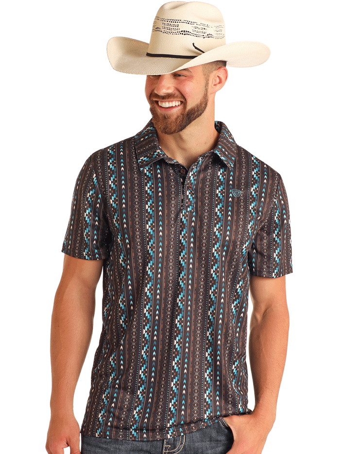 Rock & Roll Denim BM51T06006 Men's Aztec Printed Polo Shirt - Dark Brown Cotton Casual Shirt for Streetwear & Music Festivals