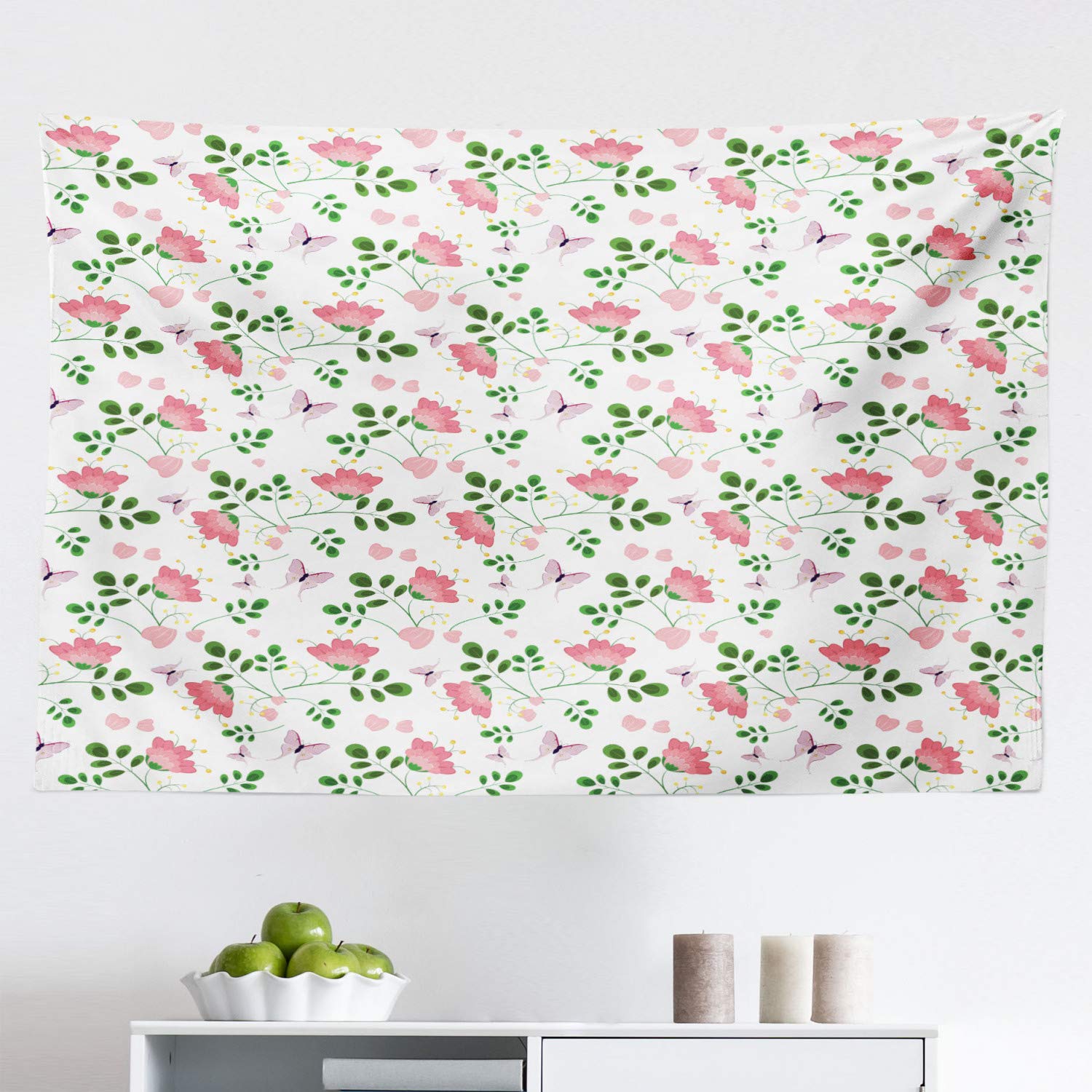 Ambesonne Spring Tapestry Wall Art - Happy Springtime Floral Doodle with Leaves & Butterflies, 45x30 Inch Colorful Fabric Wall Hanging Decor for Bedroom, Living Room, Dorm - Perfect for Boho Home Decor & Spring Party Backdrop