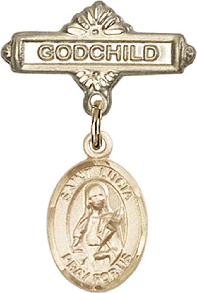 Gold Filled Baby Badge with St. Lucia of Syracuse Charm - Religious Godchild Gift Pin for Baptism, Christening & First Communion - Perfect for Newborn Blessings & Spiritual Jewelry Gifts