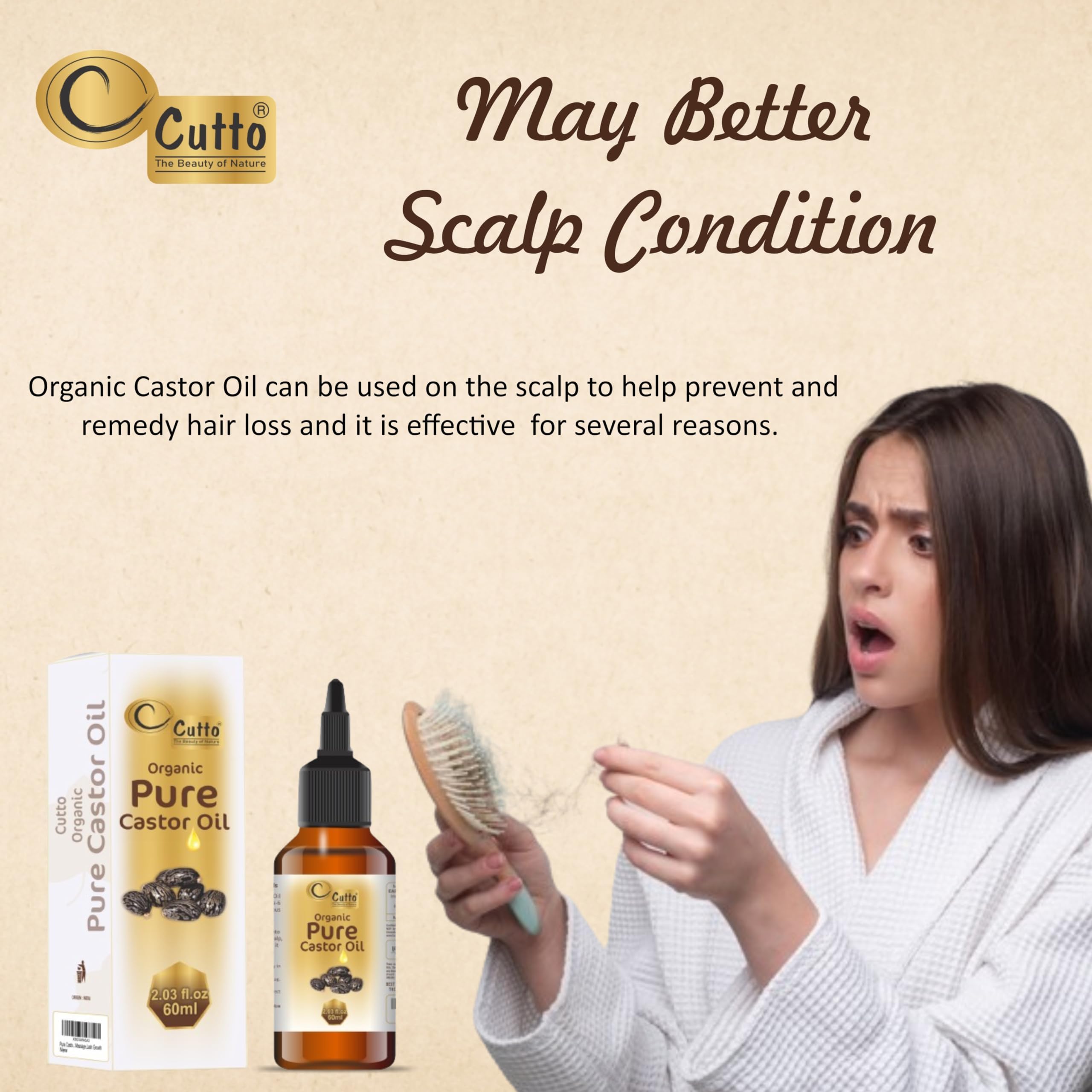 Organic Pure Cold-Pressed Castor Oil (60ml) - Hexane-Free, Non-GMO, Unrefined for Hair Growth, Eyelash & Eyebrow Enhancement, Dry Skin Moisturizer & Massage Oil | Natural Remedy for Scalp Care, Skin Healing & DIY Beauty Treatments