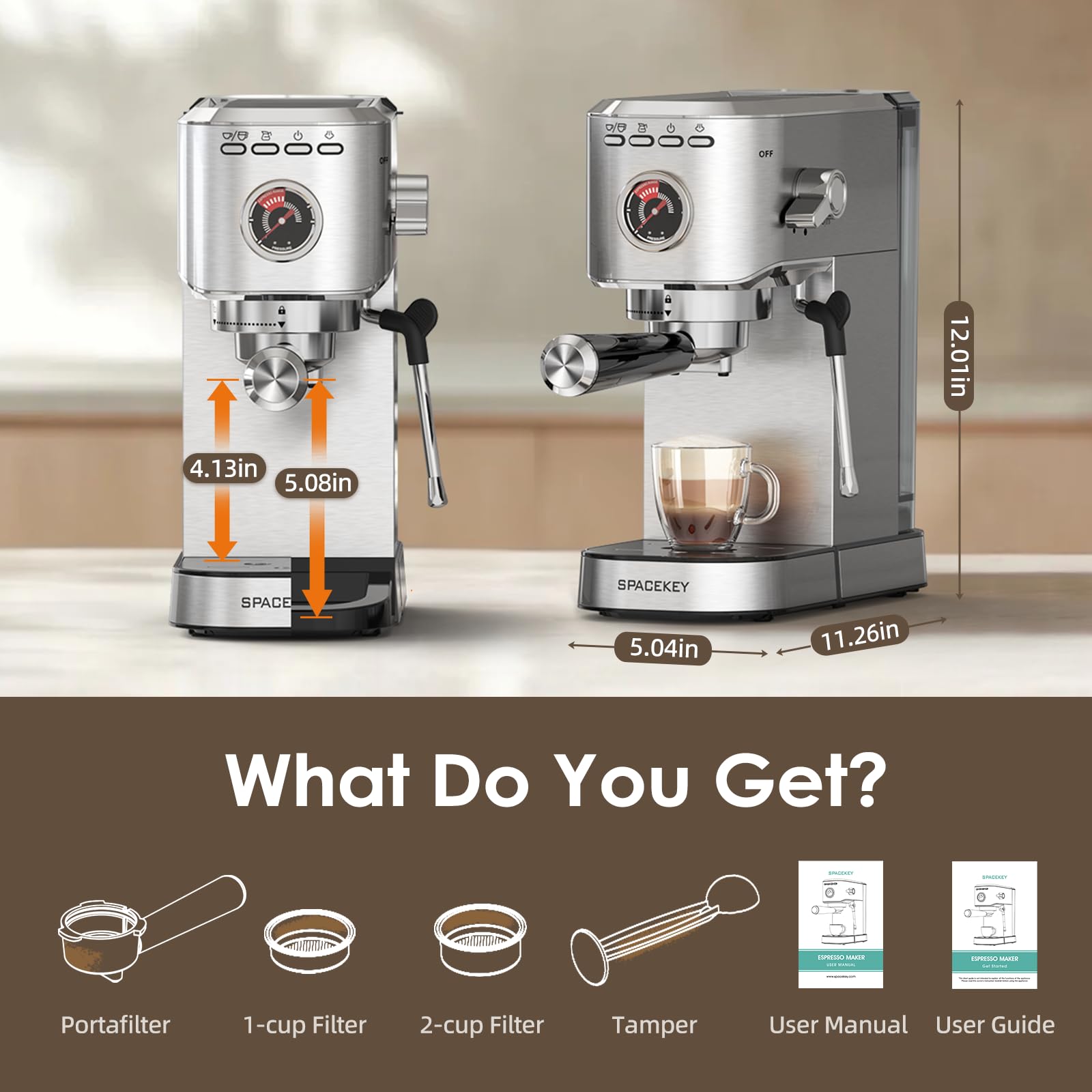 Spacekey 20 Bar Espresso Machine with Milk Frother - 1350W Professional Coffee Maker for Cappuccino, Latte & Americano - Compact Stainless Steel Design with 39oz Removable Water Tank (Silver) - Perfect for Home, Office or Coffee Shop Use