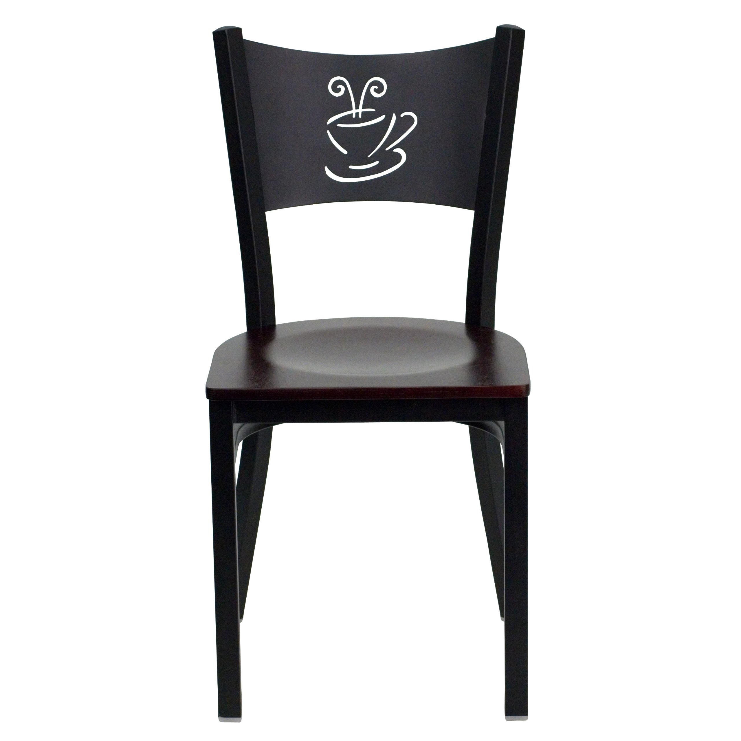 EMMA & OLIVER Black Metal Restaurant Chair with Mahogany Wood Seat - Modern Cafe Dining Chair for Restaurants, Coffee Shops, and Home Kitchens