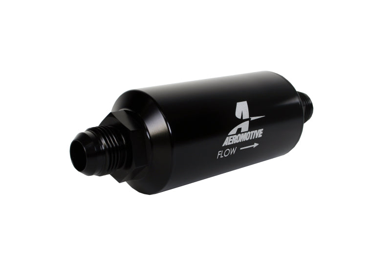 Aeromotive AN-10 Male Inline Fuel Filter - 40 Micron Stainless Steel Mesh Element with Bright Dip Black Finish for High Performance Racing & Automotive Fuel Systems