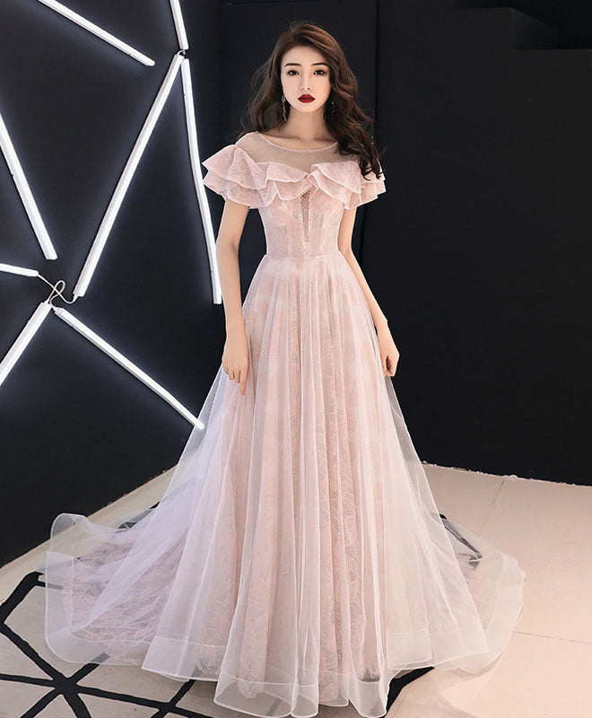 Elegant Pink Round Neck Tulle Lace Long Prom Dress - Formal Evening Gown for Homecoming, Ball, Wedding & Special Occasions