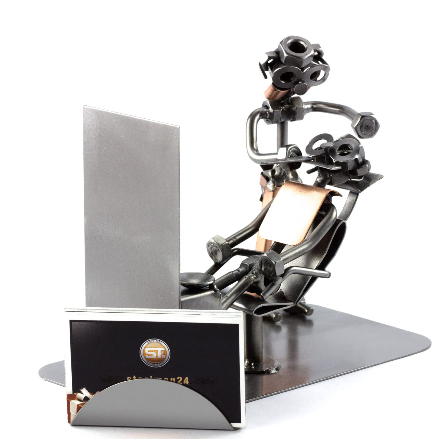 Handmade Metal Barber Sculpture with Business Card Holder | Nuts and Bolts Figurine | Made in Germany | Perfect for Barber Shops, Offices & Man Cave Decor