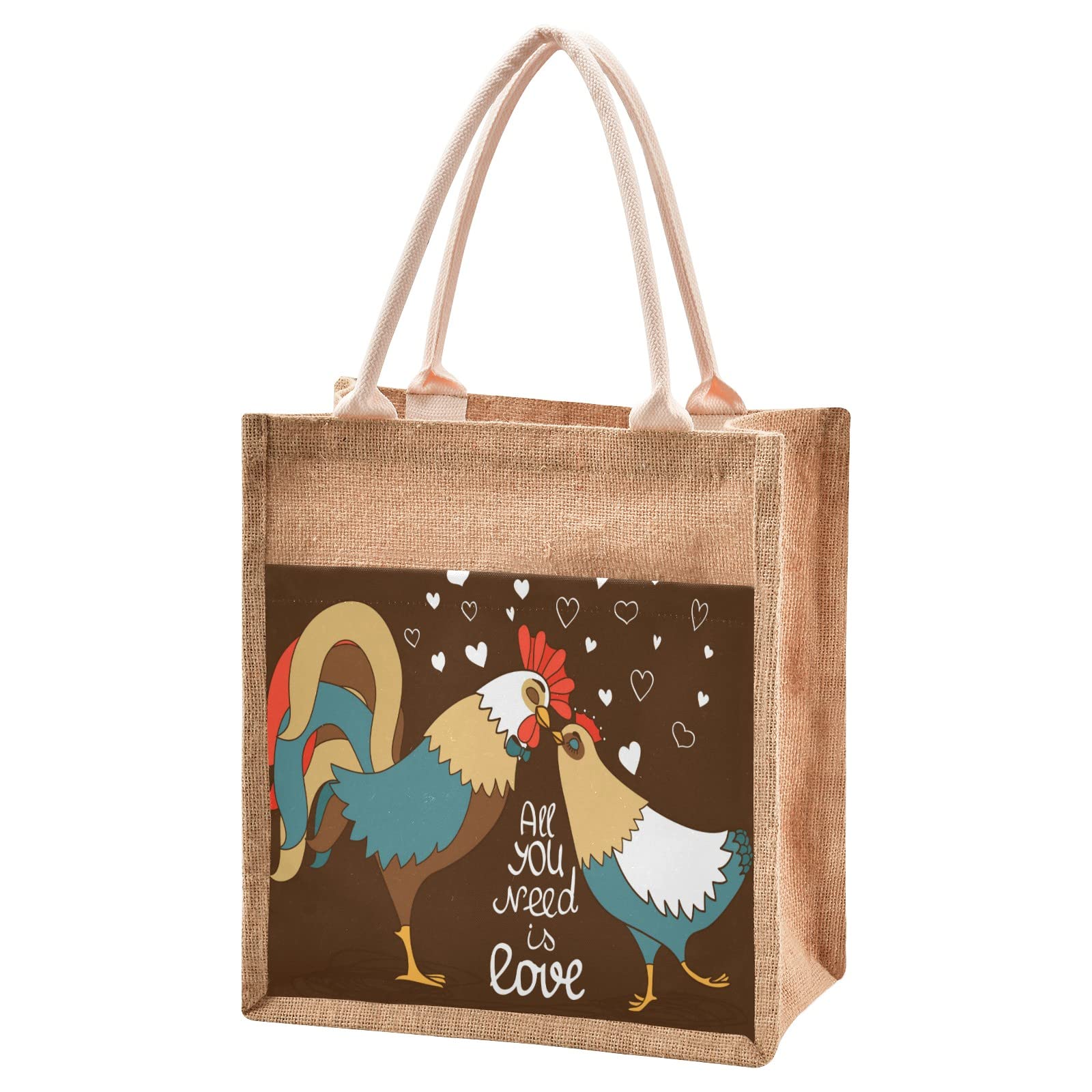 Linqin Rooster and Chicken Jute Tote Bag - Waterproof Reusable Grocery Shopping Bag with Sturdy Handles for Farmers Market, Beach, Travel & Daily Use | Eco-Friendly Cotton Canvas Carryall for Women & Men