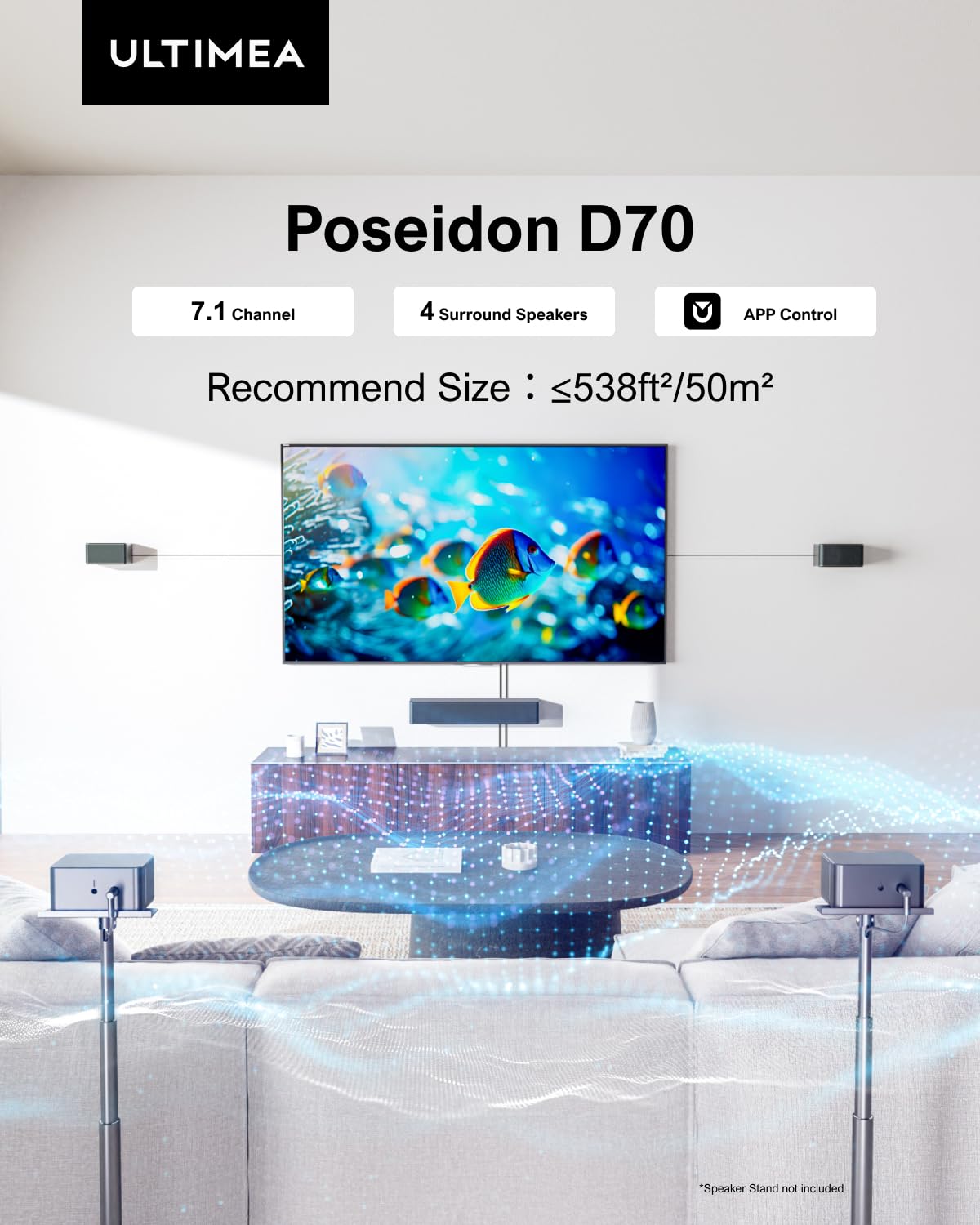 ULTIMEA 7.1 Channel Sound Bar for TV with Wireless Subwoofer - 410W Peak Power Virtual Surround Sound System, App Control, 4 Wired Speakers - Home Theater Audio for Movies, Gaming & Music Streaming