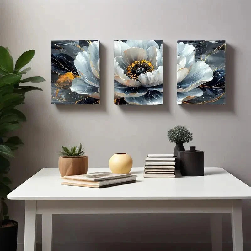 3-Piece Black and White Flower Metal Wall Art Prints - Ready to Hang Home Decor for Living Room, Bedroom & Office