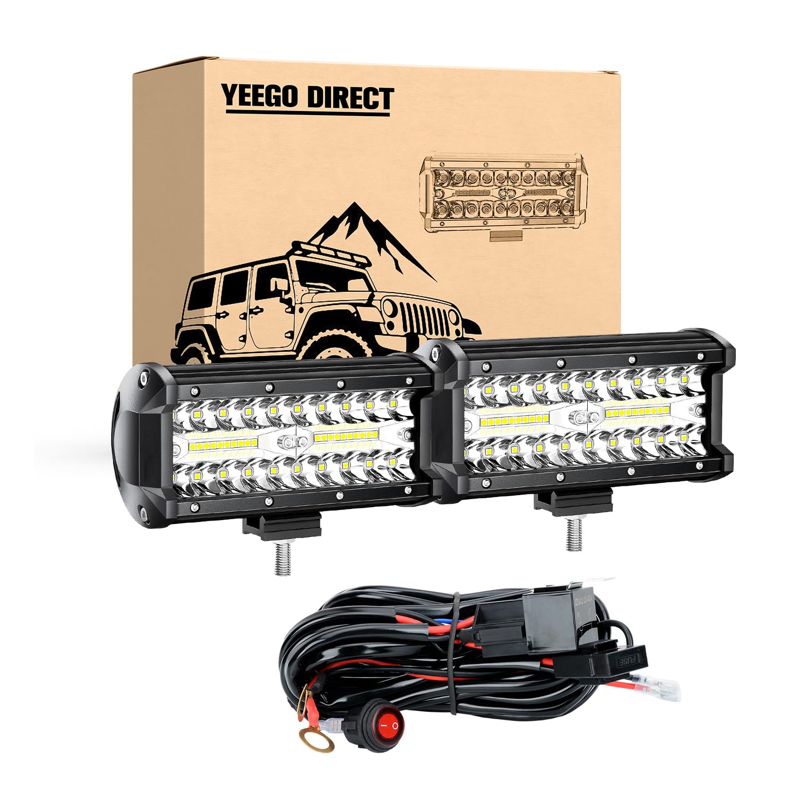 YEEGO DIRECT 7 Inch LED Light Bar - 240W 24000lm Off Road Lights with Wiring Harness (10ft/2 Lead) - Waterproof Spot Flood Combo Beam for Trucks, Pickups, ATV, UTV, SUV, Boats - Perfect for Off-Roading, Camping & Night Driving