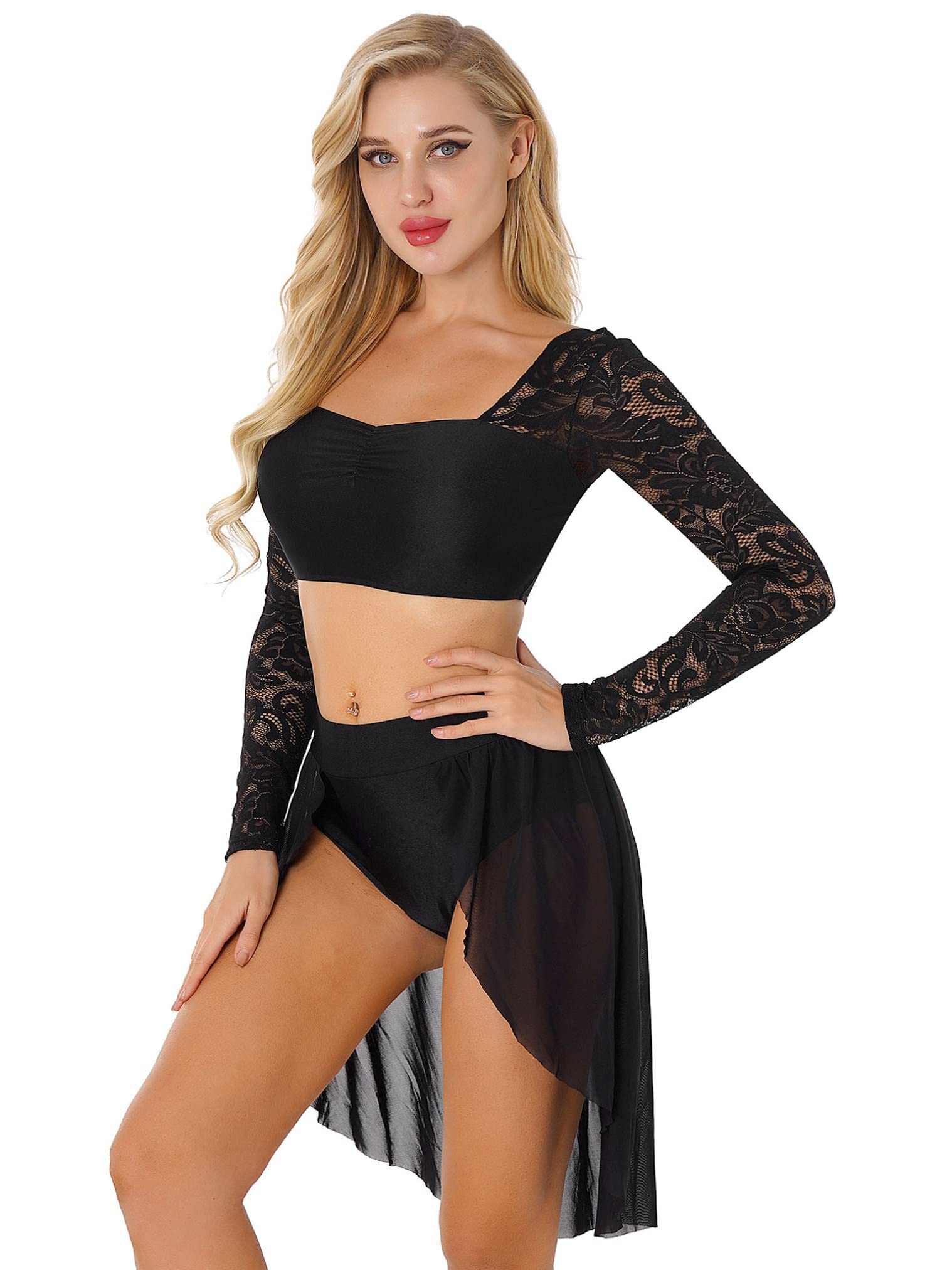 Women's Floral Lace Lyrical Dance Costume Set - Sexy Crop Top with Shorts & Tutu Skirt 2-Piece Outfit for Ballet, Contemporary Dance & Performance