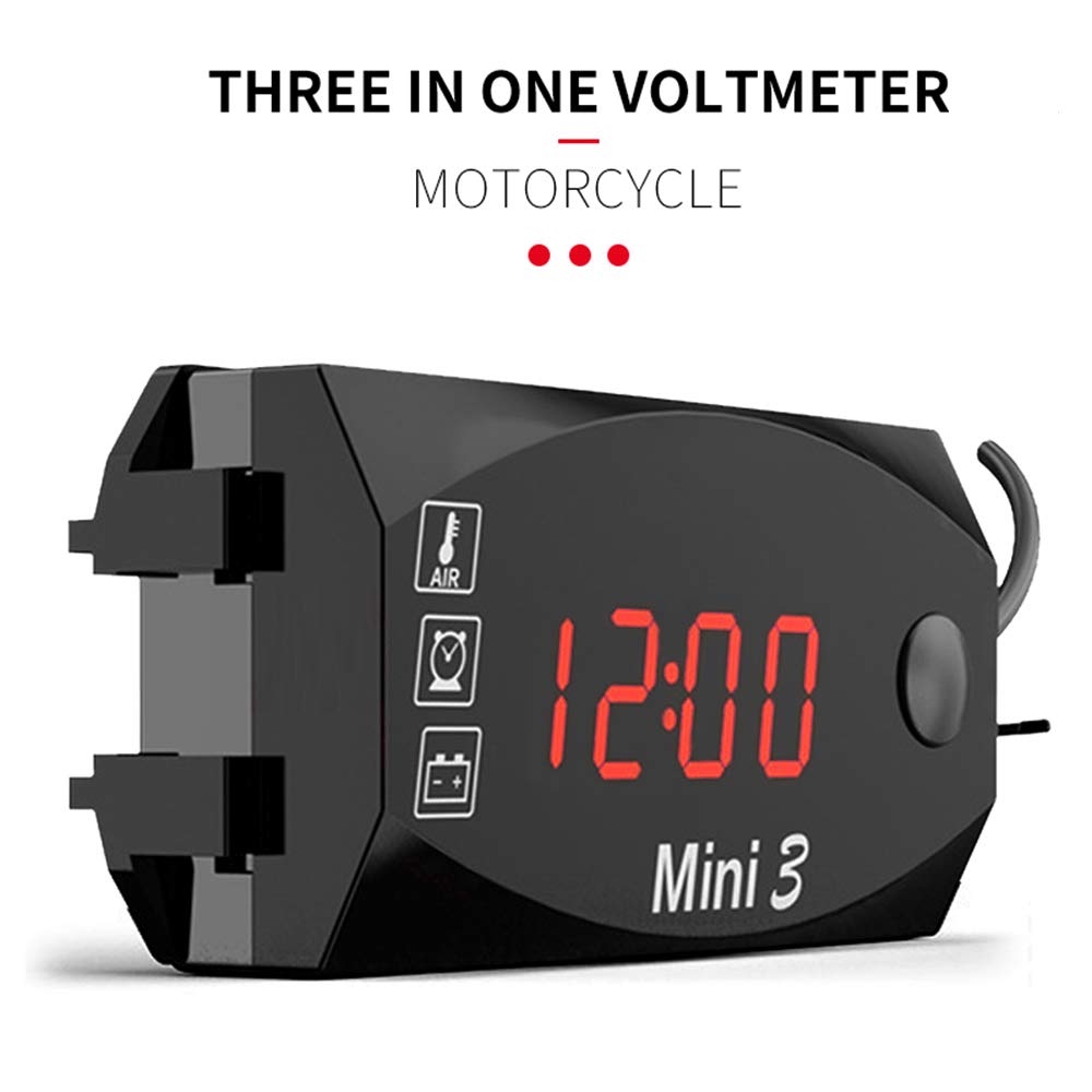 6V-30V 3-in-1 Digital Motorcycle Gauge - Waterproof IP67 Clock, Thermometer & Voltmeter for Car, Boat & Marine Battery Monitoring (Red Light/Black) - Perfect for Outdoor Adventures & Vehicle Maintenance