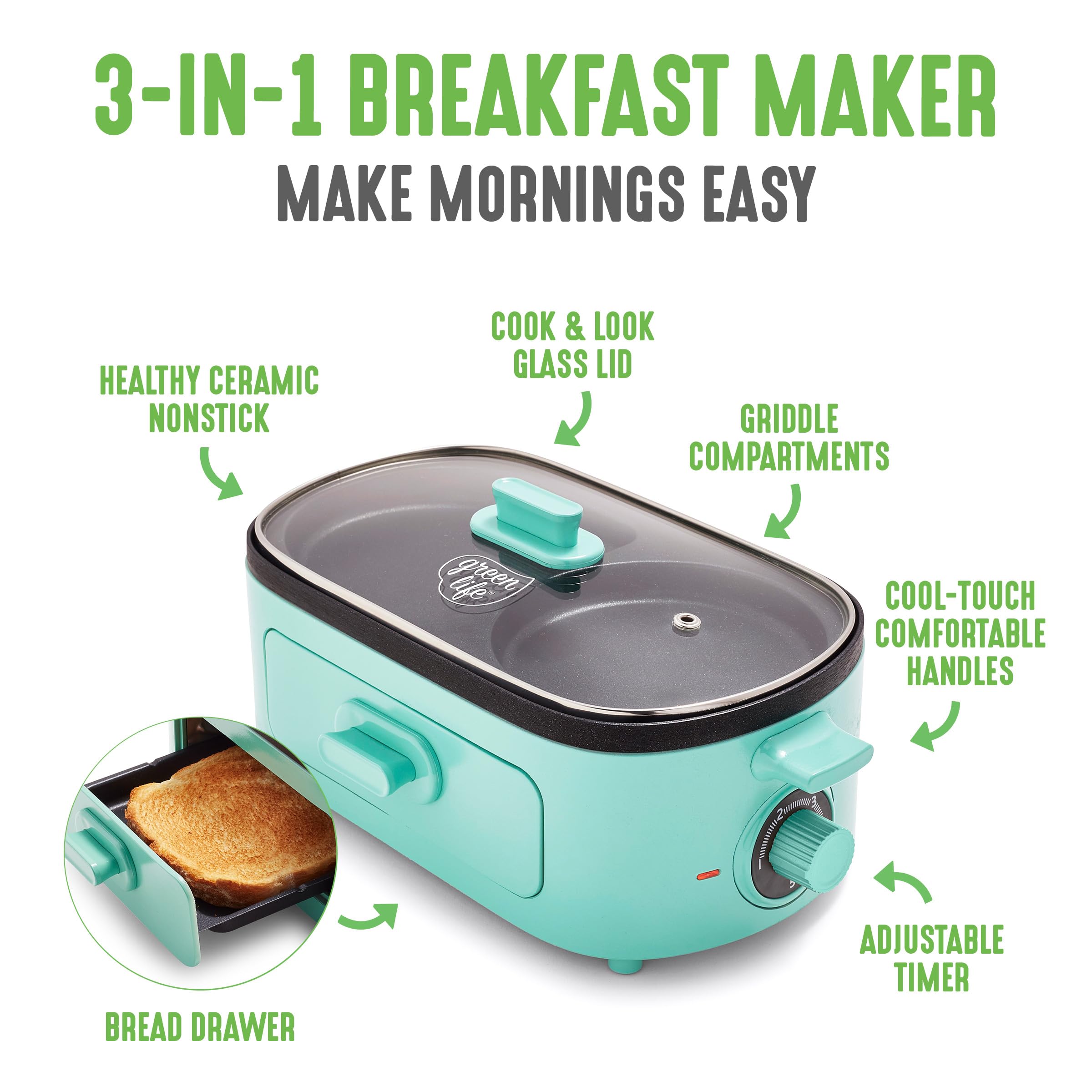 GreenLife 3-in-1 Breakfast Maker Station - Healthy Ceramic Nonstick Dual Griddles for Eggs, Meat, Sausage, Bacon, Pancakes & Breakfast Sandwiches with 2-Slice Toast Drawer & Easy Timer - Perfect for Quick Breakfasts, Family Meals & Small Kitchens (Turquoise)