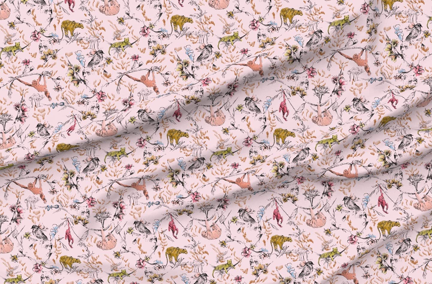 Pink Chinoiserie Monkey Sloth Tiger Cheetah Jungle Tropical Animal Print Petal Signature Cotton Fabric by The Yard - Perfect for Sewing, Quilting, Apparel, Crafts & Home Decor | Spoonflower Premium Fabric
