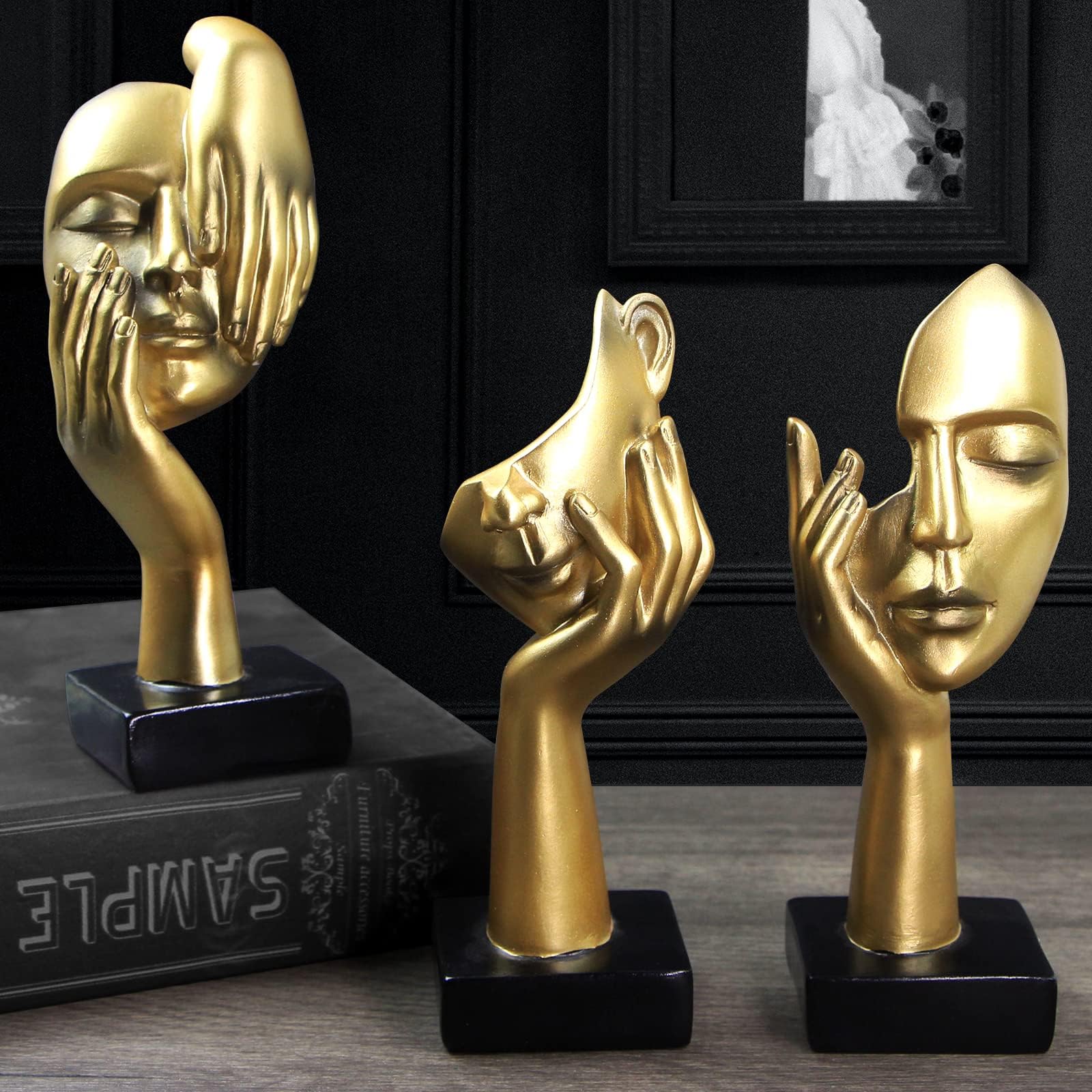 3 Pcs Thinker Statue - Modern Resin Sculptures for Home & Office Decor, Collectible Figurines for Bookshelf & Desktop, Golden Finish - Perfect for Study Rooms, Living Rooms & Gifts