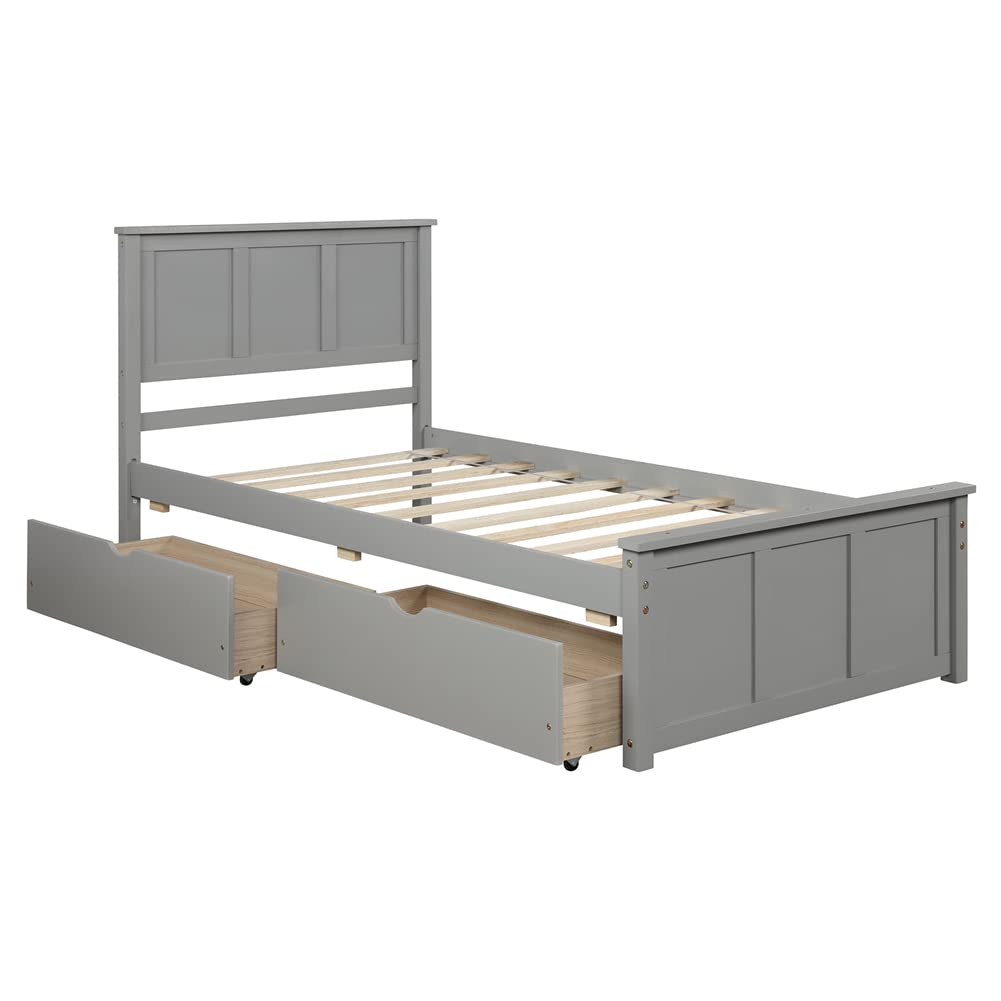 Twin Size Platform Bed Frame with Storage Drawers - Pinewood Bed with Rectangular Headboard & Footboard - Sturdy Bedroom Furniture with 2 Wheeled Drawers (Gray) - Perfect for Small Spaces, Dorm Rooms & Guest Bedrooms