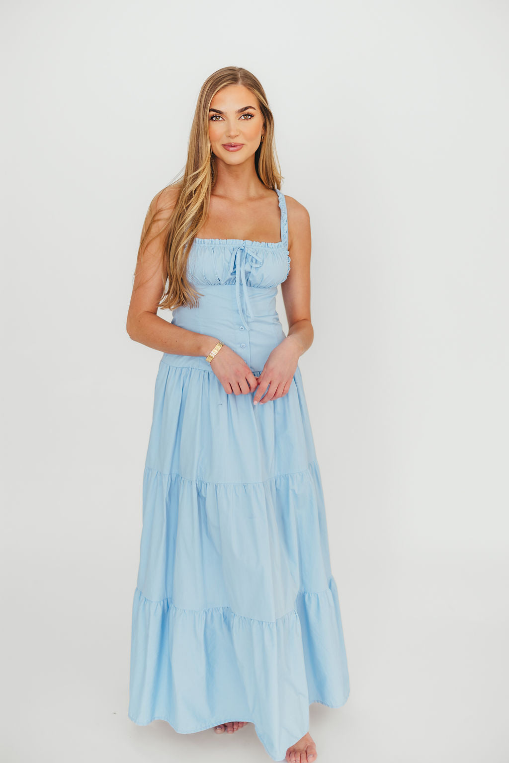 Light Blue Sutton Corset Button Down Tiered Maxi Dress for Women | Flowy Summer Dress for Beach, Wedding & Special Occasions