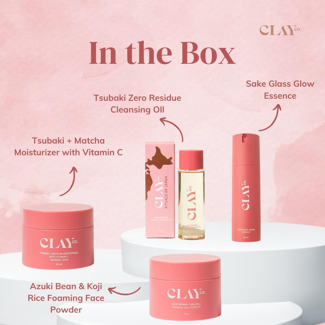CLAYCO Kyoto AM/PM Skincare Set for Normal Skin - Japanese Beauty Routine with Sake Essence, Tsubaki Cleansing Oil, Azuki Bean Face Wash & Matcha Moisturizer | Daily Hydration & Radiance Boost for Glowing Skin