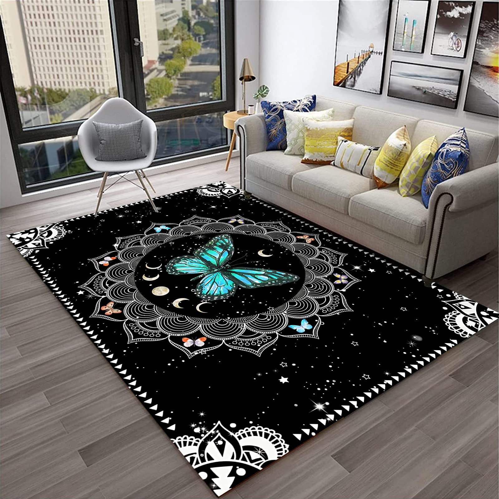 LGGQQW Teal Black White Butterfly Area Rug - Bohemian Mandala Design Non-Slip Living Room Rug for Bedroom, Yoga & Meditation Space - Home Decor Floor Mat