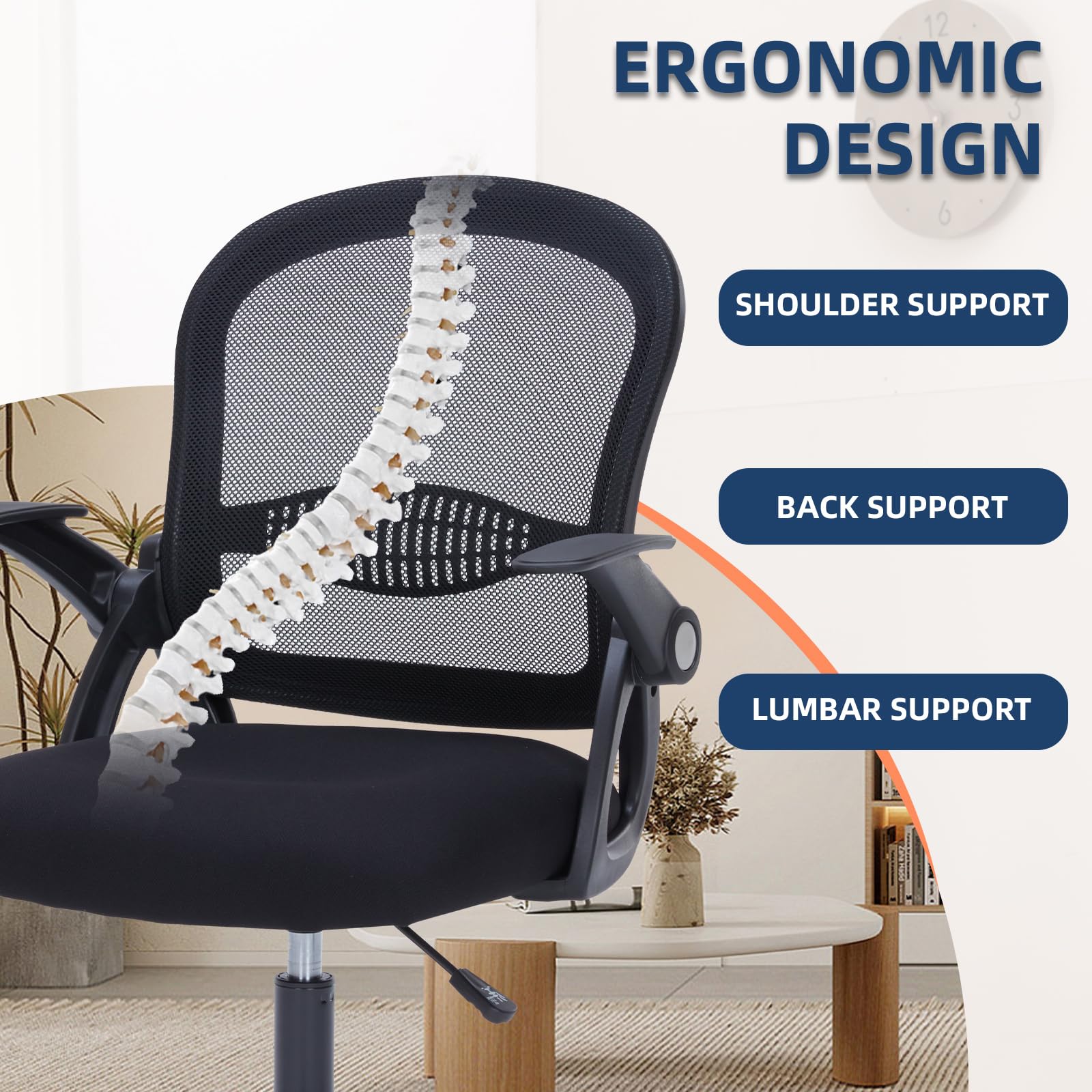 Ergonomic Mesh Office Chair with Mid Back Support & Flip-Up Armrests - Breathable Computer Desk Chair for Home Office, Conference Room & Small Workspaces