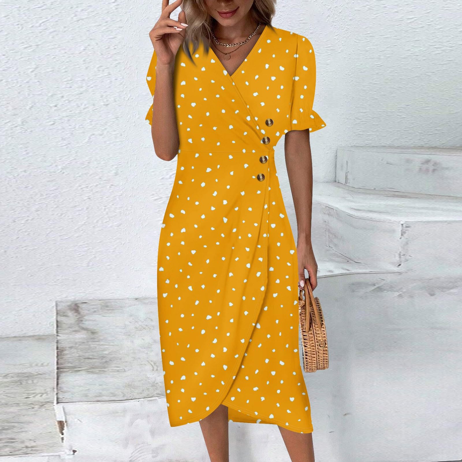 Elegant Floral Wrap V-Neck Ruched Dress for Women - Beach, Church & Special Occasions | Sizes S to XXXL | 2024 Fashion Trend