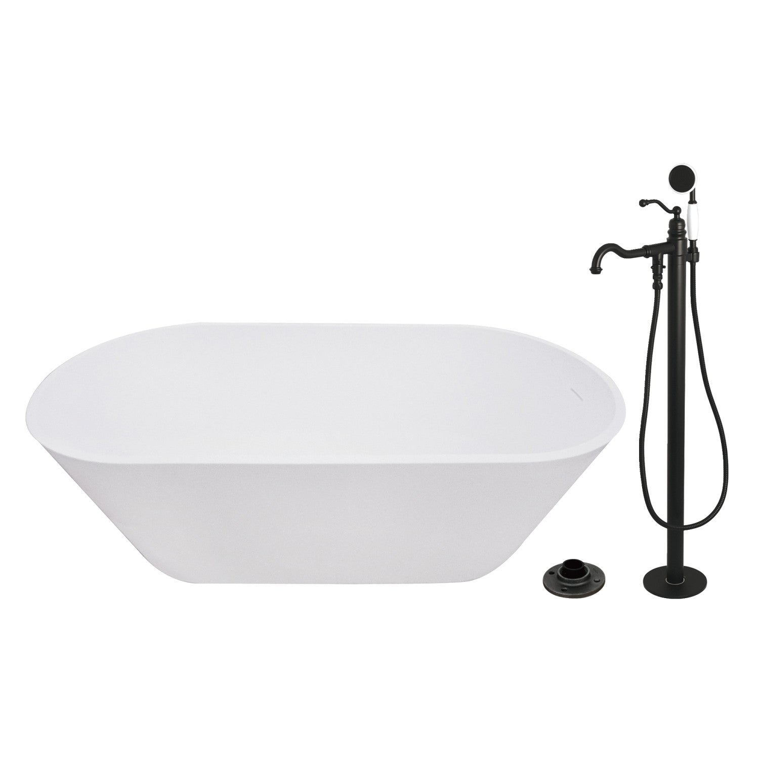 Arcticstone 67 Inch Freestanding Bathtub - Oval Double Ended Soaking Tub with Matte Black Faucet Combo & Drain, Solid Surface for Luxury Bathroom - Perfect for Spa Relaxation & Master Suite Retreat