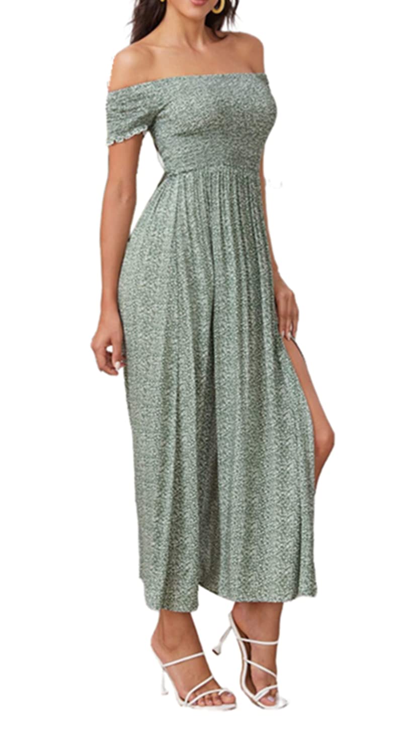 Homidam Women's Bohemian Floral Print Off Shoulder Long Dress - A-Line Summer Maxi Dress with Side Split for Beach, Vacation & Casual Outings