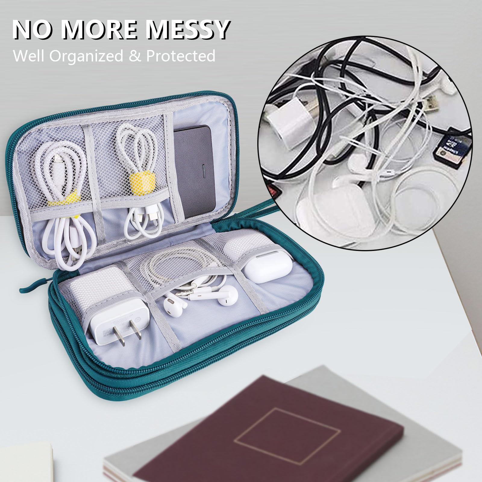 Teskyer Waterproof Travel Organizer Bag for Electronics & Cables - 8.5 x 5 Inch Dark Green Travel Accessories - Perfect for Men & Women Travel Essentials (Ideal for Business Trips, Vacations & Daily Commute)