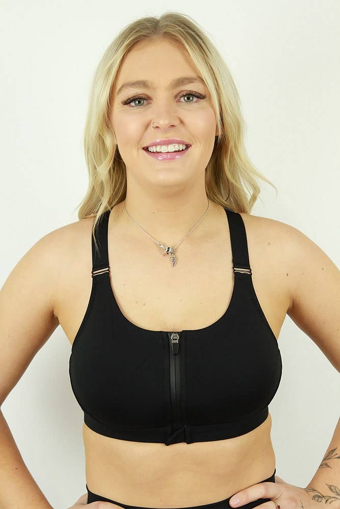 Matte Black Zip Front Sports Bra for Women - High Support Workout Top for Running, Yoga & Gym - Breathable & Comfortable Activewear