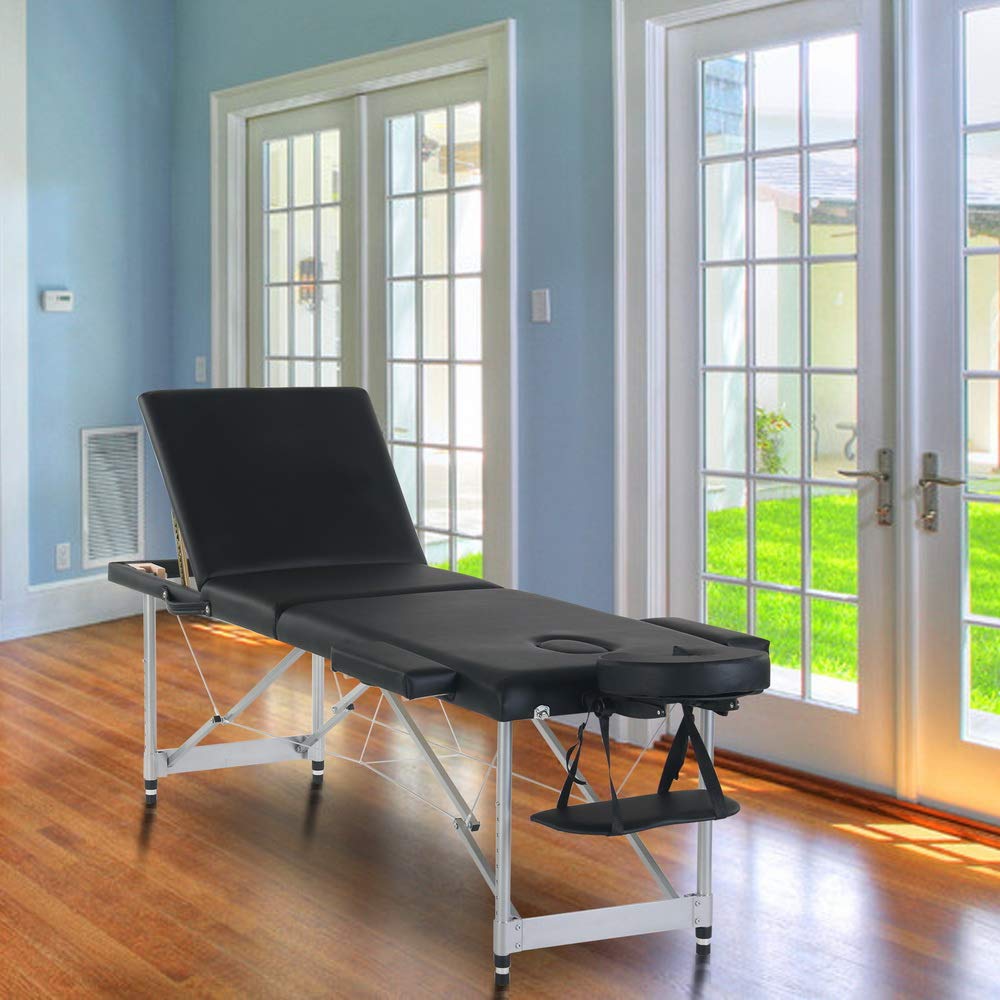 Portable Massage Bed - 84 Inch 3-Fold Adjustable Aluminum Salon Spa Table for Professional Massage & Facial Treatments | Perfect for Home, Salon & Mobile Spa Services (Black)