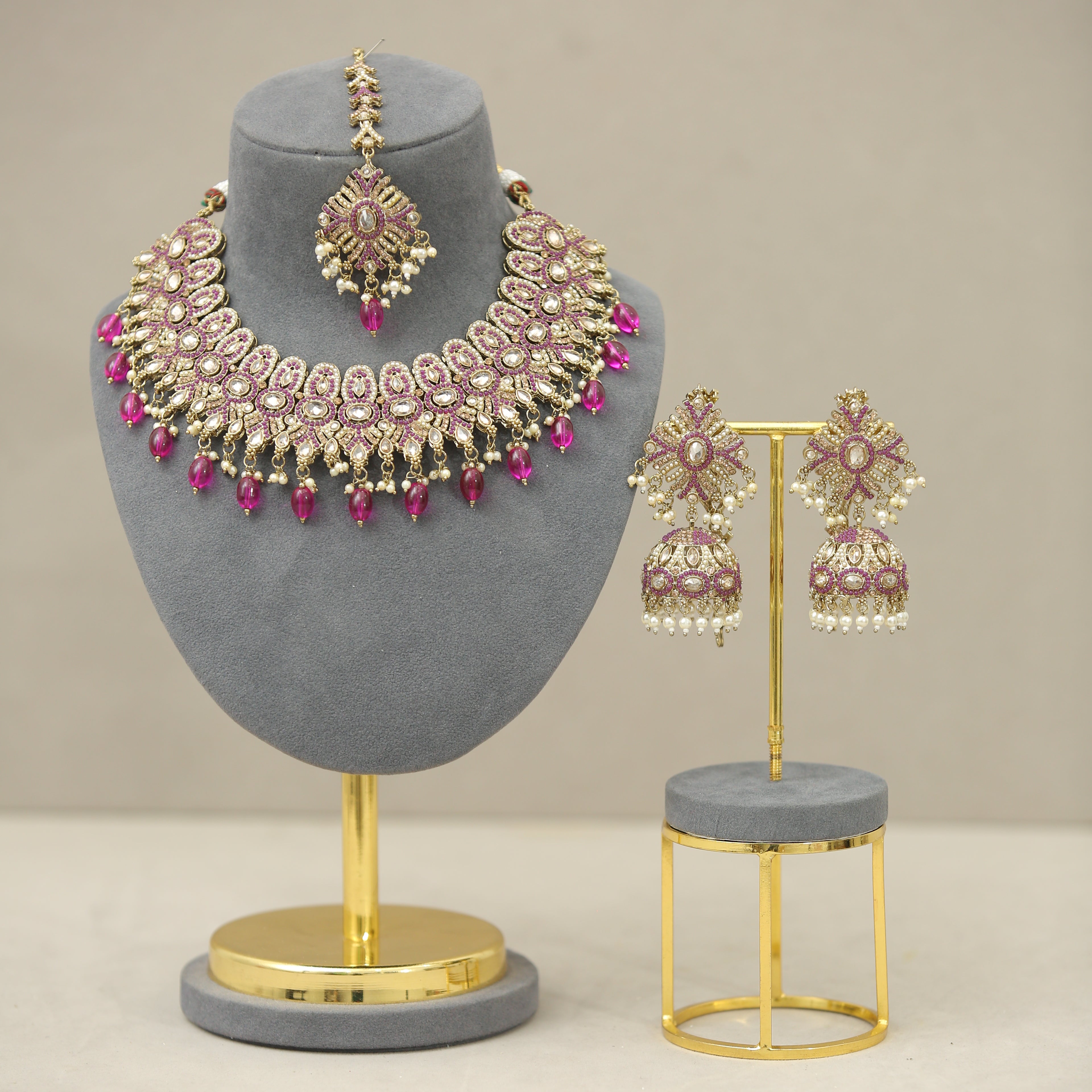 Hemani Polki and Stone Jewelry Set with Tikka - Traditional Indian Bridal Necklace, Earrings, and Hair Accessory for Weddings, Festivals, and Special Occasions
