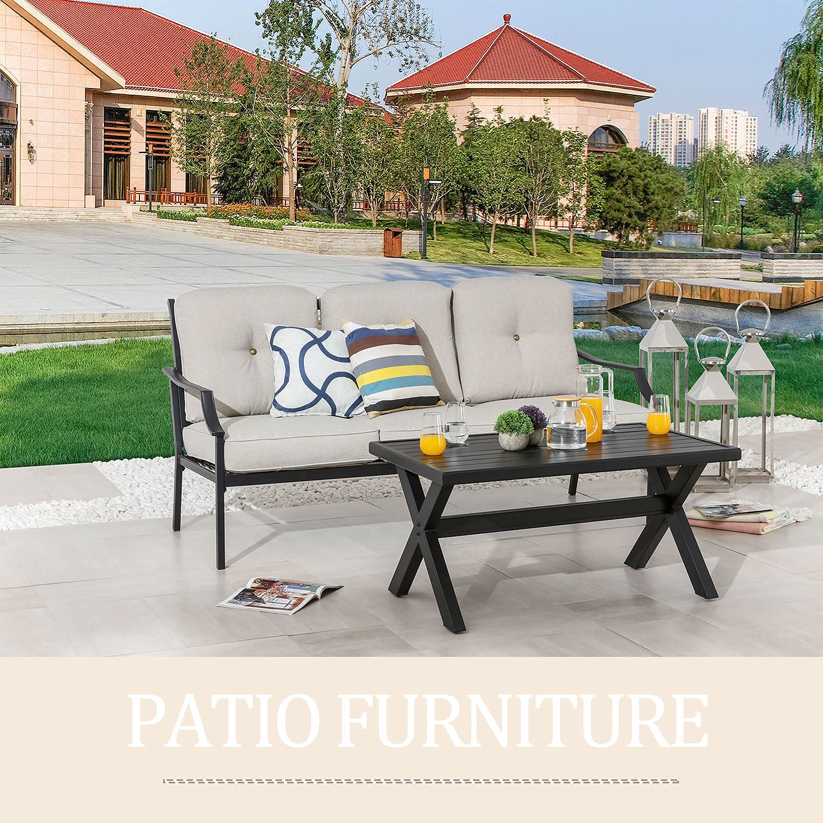 2-Piece Outdoor Metal Loveseat Patio Set with Coffee Table & Cushions - 3-Seater Garden Sofa for Deck, Porch, Backyard - Weather-Resistant Beige Furniture (Perfect for Outdoor Entertaining & Relaxation)