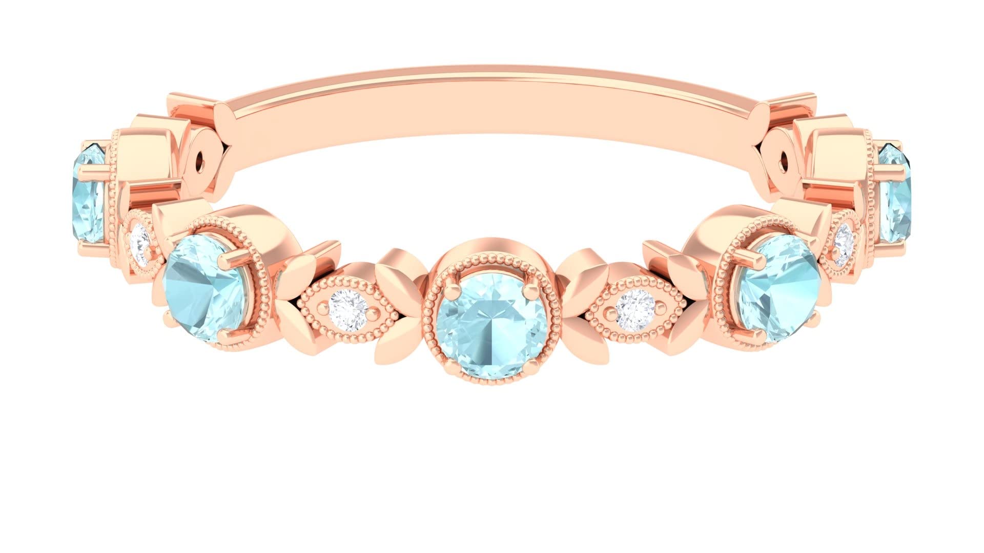1/2 CT Sky Blue Topaz & Diamond Ring - 14K Solid Gold Beaded Half Eternity Band - Elegant Blue Topaz & Gold Leaf Design - Perfect for Anniversaries, Engagements & Special Occasions