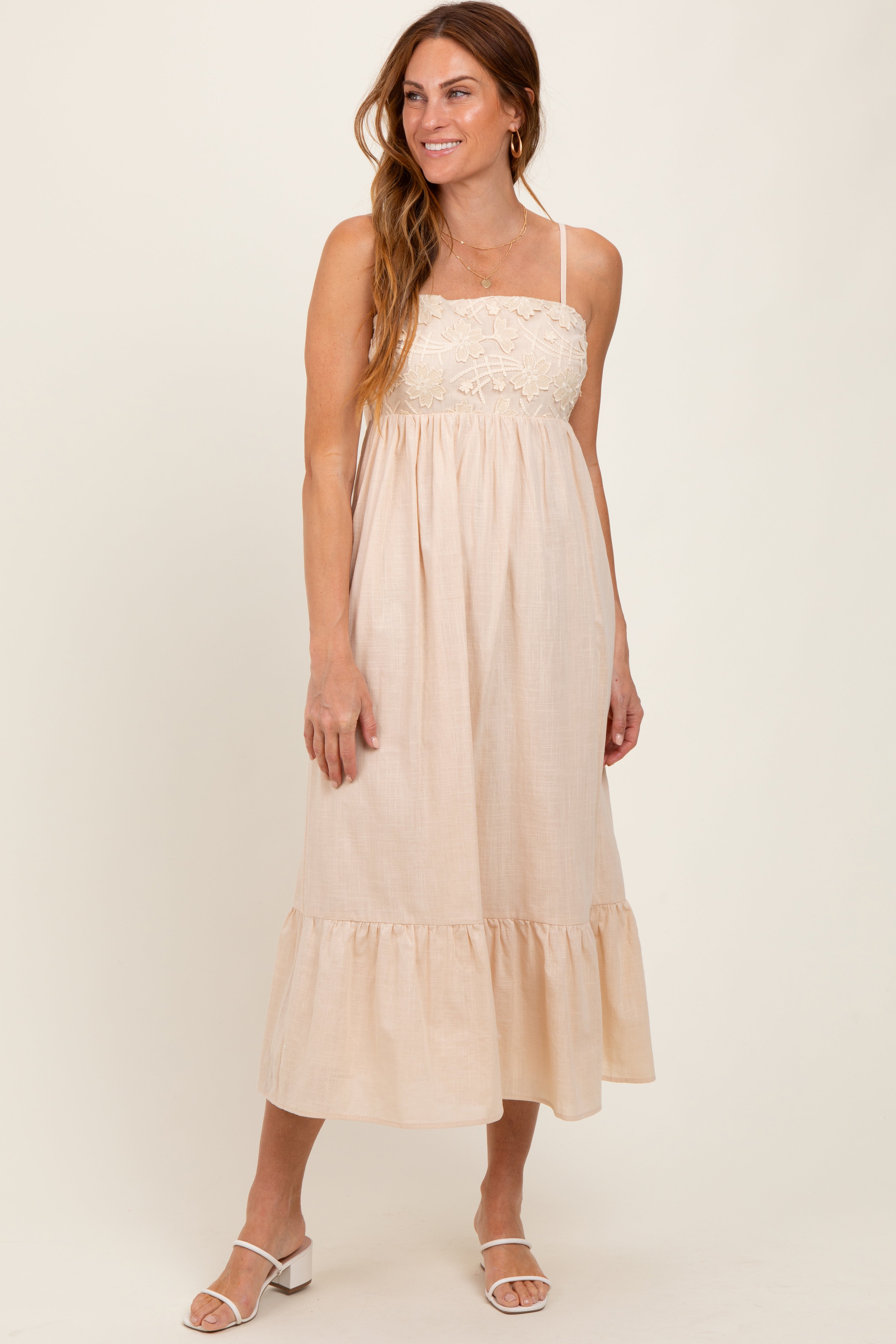 Beige Floral Embroidery Back Ribbon Midi Dress - Women's Elegant Summer Party Dress for Weddings, Garden Parties & Date Nights