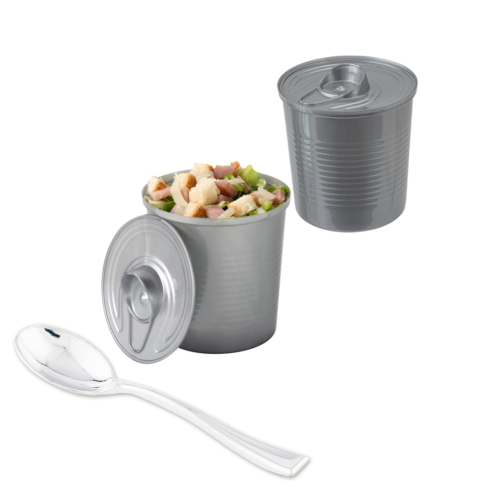 100 Pack 4 oz Round Silver Plastic Tin Cans with 100 Mini Silver Plastic Spoons - Perfect for Party Favors, Wedding Candies, DIY Crafts & Small Storage Containers