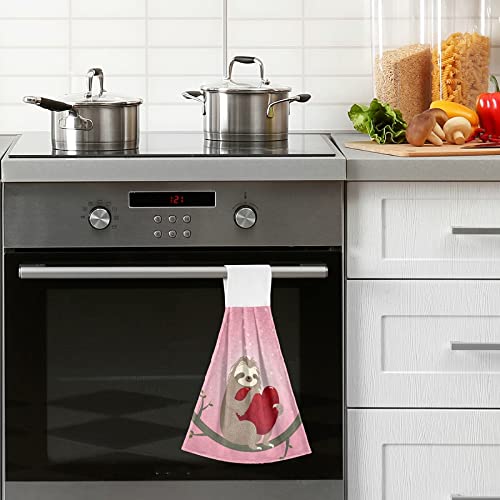Valentine's Day Heart Sloth Kitchen Oven Towels - 2 Pack Super Absorbent Hanging Hand Towels with Loop - Cute Dishcloth & Tea Towel for Bathroom, Tabletop, Bar - Perfect for Valentine Gifts, Kitchen Decor & Hostess Essentials
