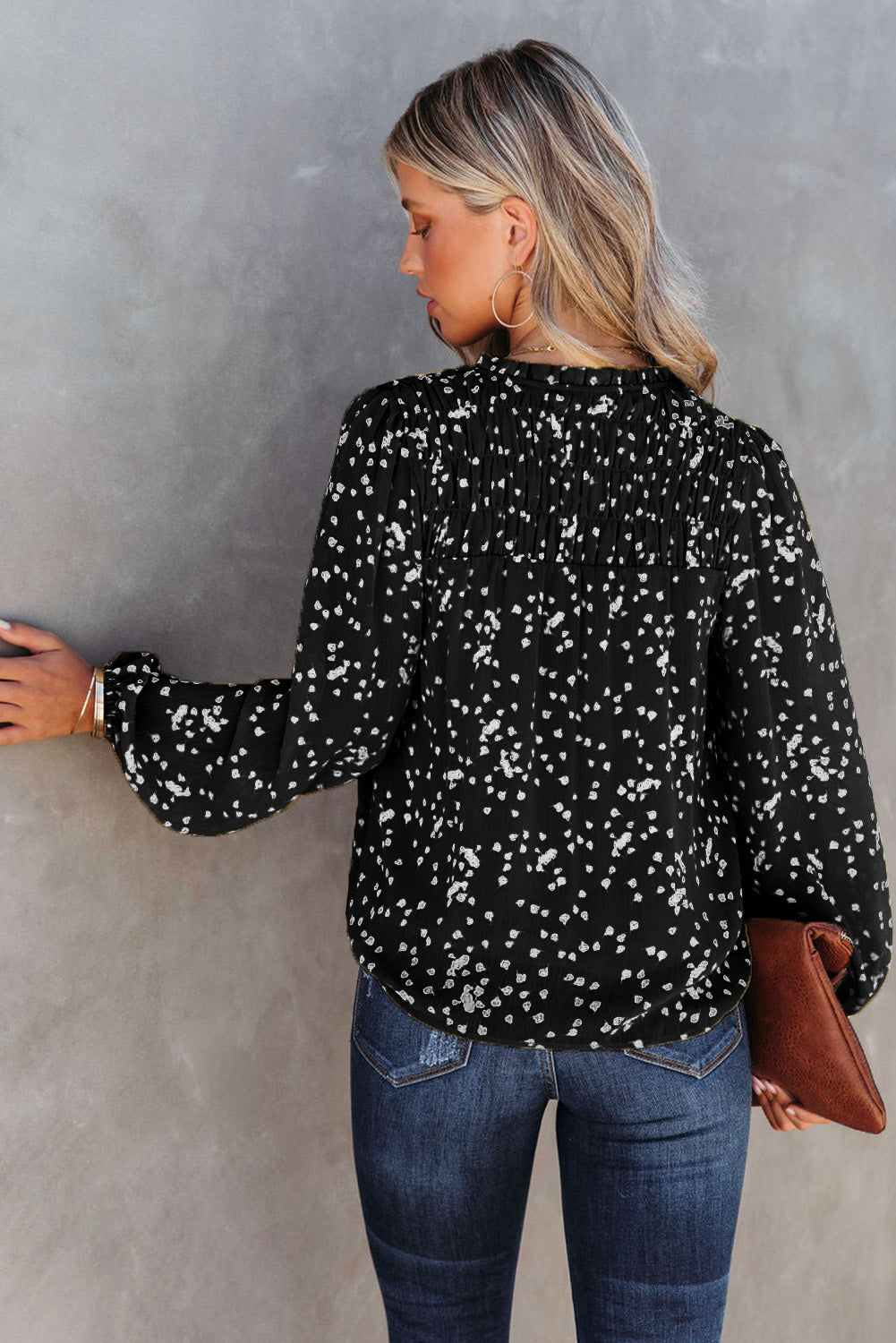 Stylish V Neck Printed Crinkled Long Sleeve Blouse for Women - Trendy Casual & Office Wear