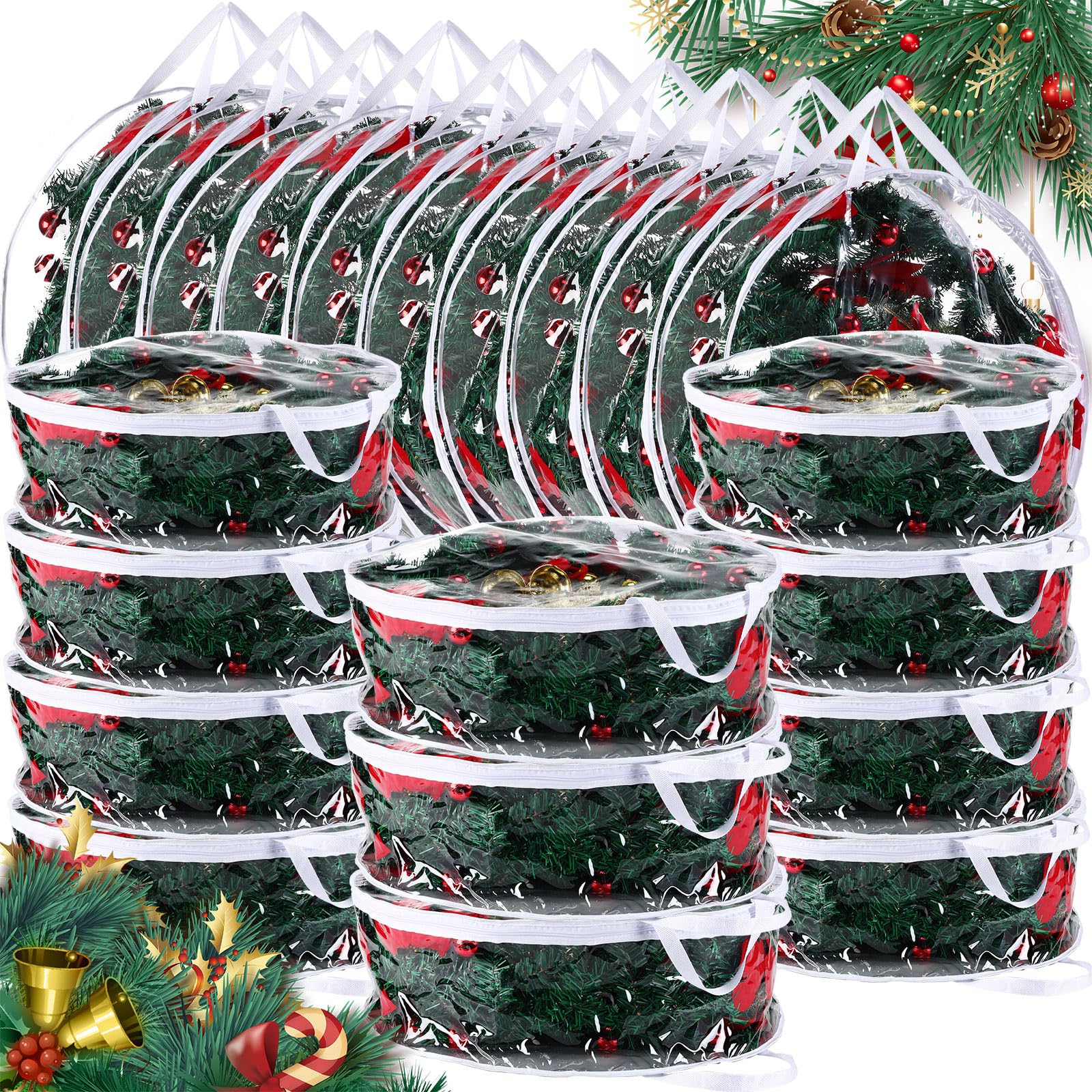 20 Pack 24 Inch Christmas Wreath Storage Bags with Dual Zippers & Handles - Clear Holiday Garland Organizer for Xmas Decorations (Perfect for Storing Wreaths, Garlands & Seasonal Decor in Attic or Closet)