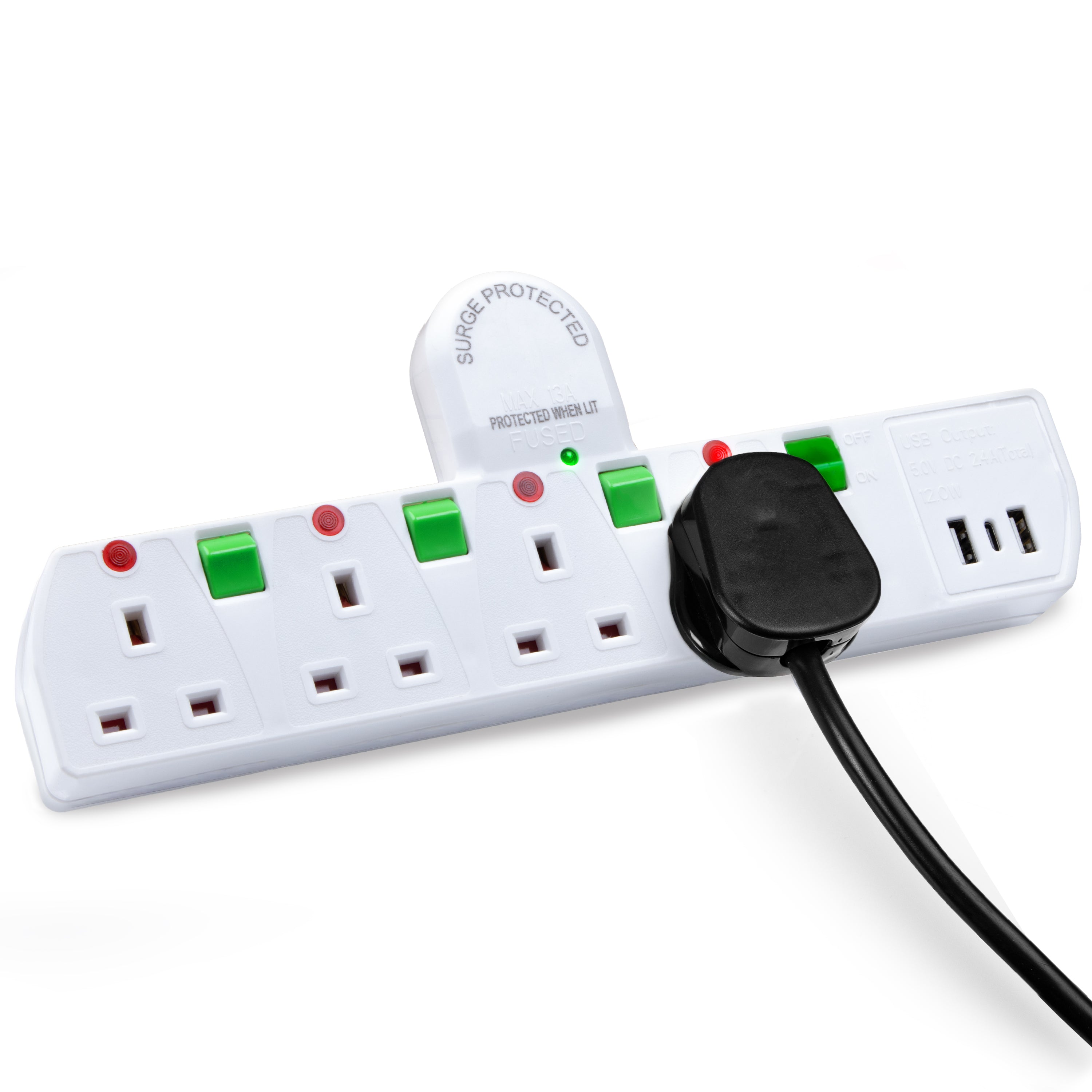 Duronic 4-Way UK Plug Adapter with USB Ports | 3kW Surge Protected Power Extension | 2.4A USB & USB-C Charging | White Multi Socket with Switches | Perfect for Home, Office & Travel Charging Needs