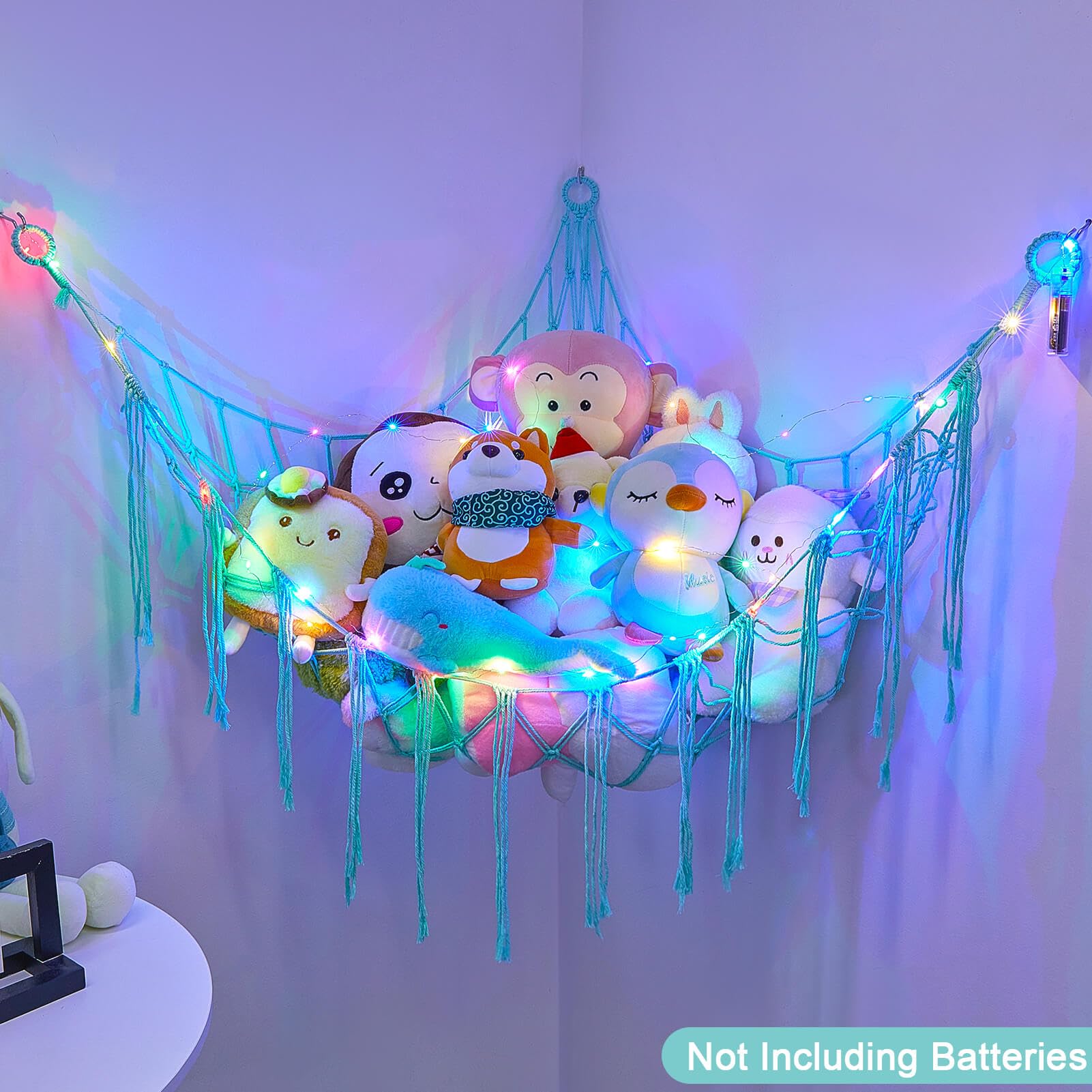 **Basumee LED Stuffed Animal Hammock - Light Aqua Green Wall-Mounted Toy Storage Net for Kids Room Decor & Organization - Perfect for Bedroom, Nursery, or Playroom**