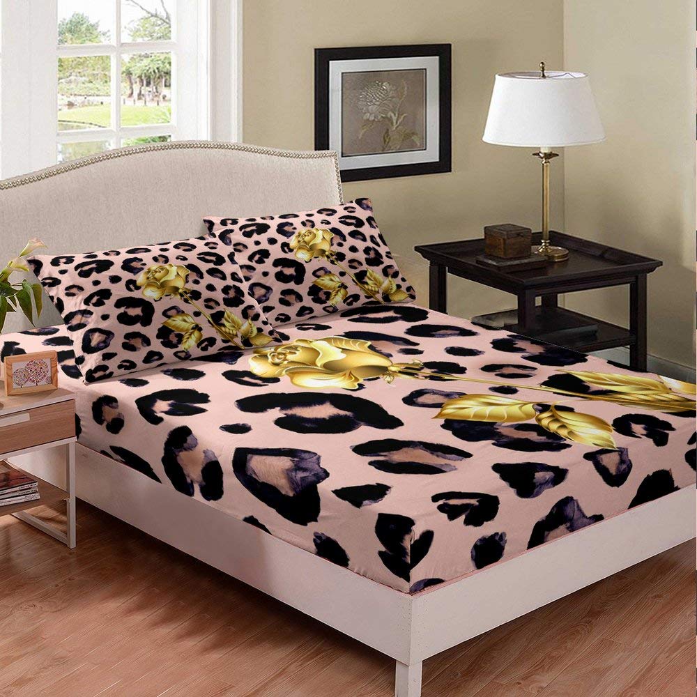 Manfei Gold Rose & Leopard Print Microfiber Bedding Set for Kids - 2pc TwinXL (Fitted Sheet + Pillowcase) | Soft Floral Printed Sheets for Girls' Bedroom Decor & Sleep Comfort