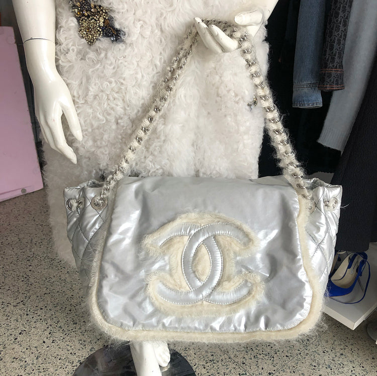 Chanel XL Silver Polar Flap CC Logo Shoulder Bag - Luxury Designer Handbag for Women, Perfect for Parties, Date Nights & Special Occasions