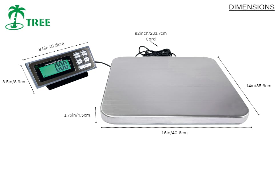 Tree LSS-200 Digital Shipping Scale - 200 lb Capacity (0.05 lb Precision) with Stainless Steel Platform, Tare Function & LCD Display - Perfect for USPS, UPS, FedEx Packages & Small Business Shipping