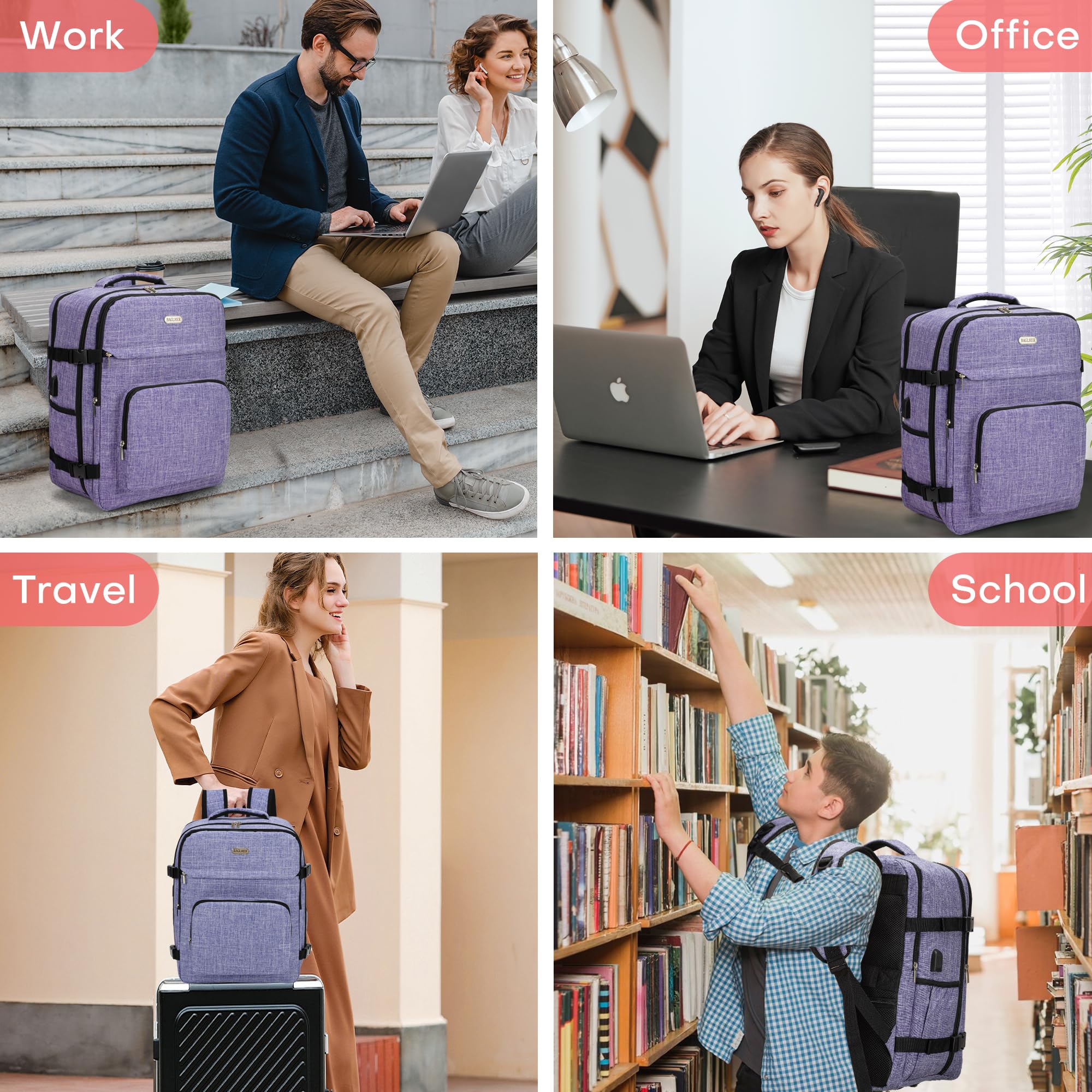 BAGLHER Travel Backpack for Airplane Carry-On - Flight Approved with USB Charging Port & Laptop/Shoe Compartment - Lightweight Business Backpack for Work, College, Business Trips (Purple) - Perfect for Commuting, Weekend Getaways & International Travel