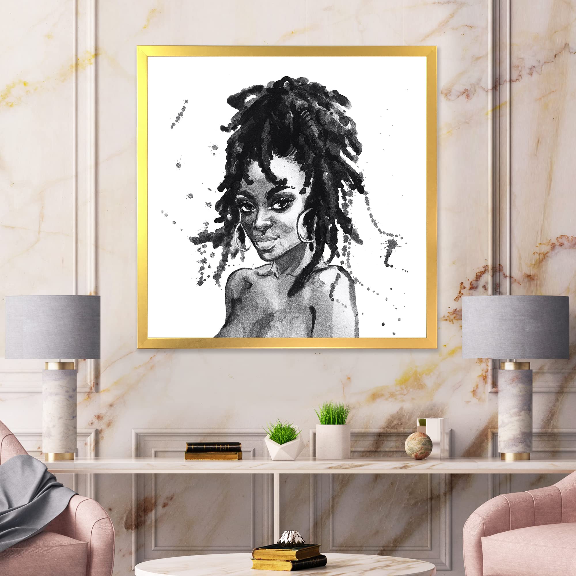 DesignQ Black and White Portrait of African American Woman II - Modern Framed Wall Art Decor for Living Room, Bedroom & Office