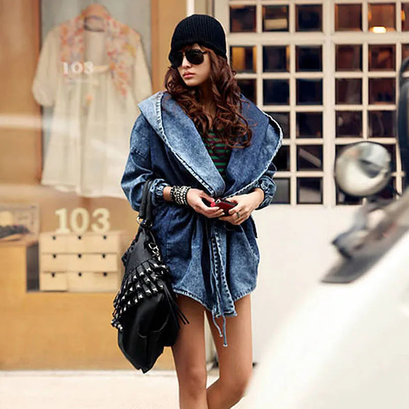Vintage Women's Denim Jacket with Hood - Elastic Waist & Lace-Up Detail, Batwing Sleeve Blue Jeans Coat | Korean Streetwear, Casual Loose Fit for Fall Fashion | Perfect for Daily Wear, Weekend Outings & Autumn Layering
