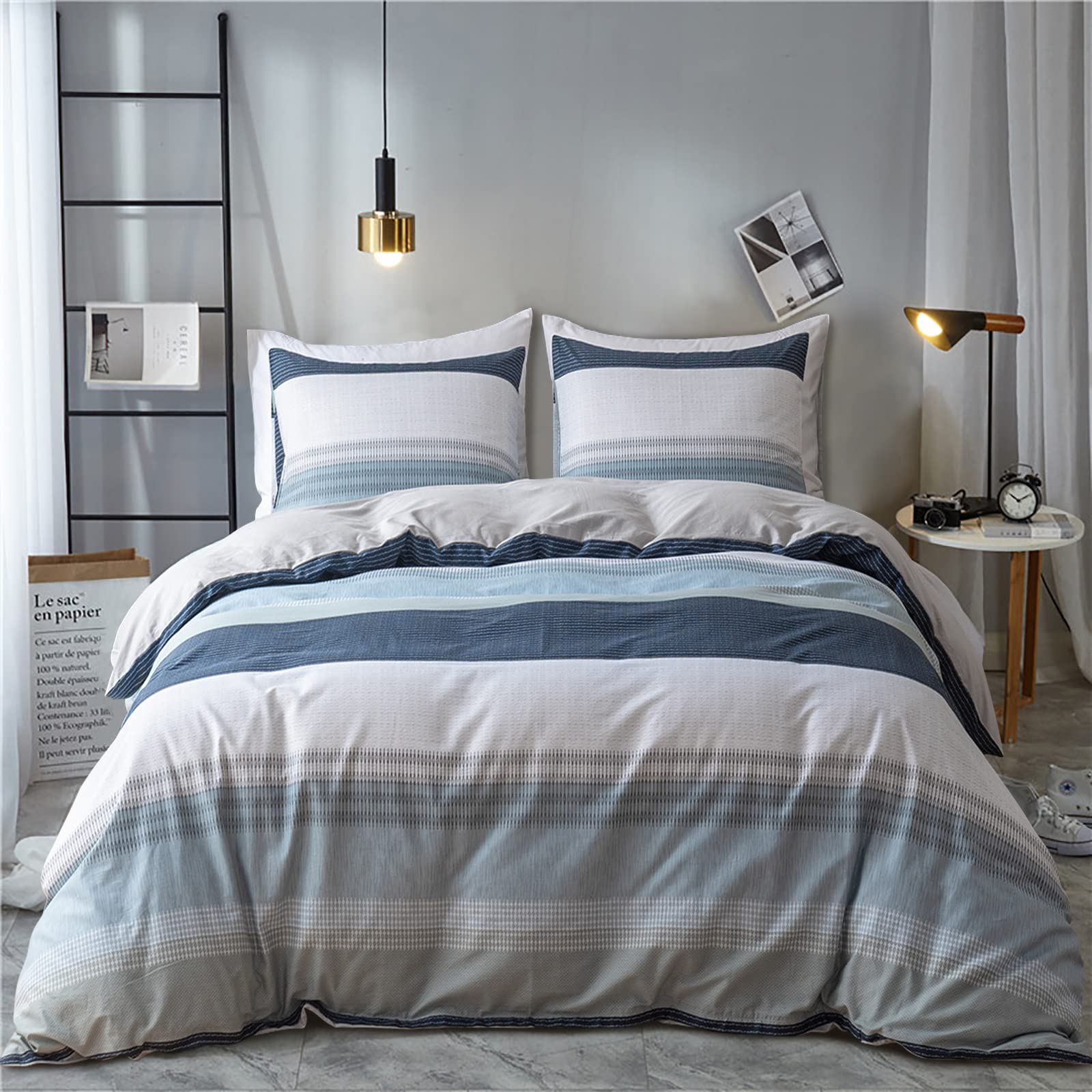 EAVD 100% Cotton Twin Duvet Cover Set - White Gray Blue Striped Modern Geometric Bedding for Boys & Girls | Soft Breathable Comforter Cover with Zipper Closure | Perfect for Kids' Rooms, Guest Bedrooms & Dorm Decor